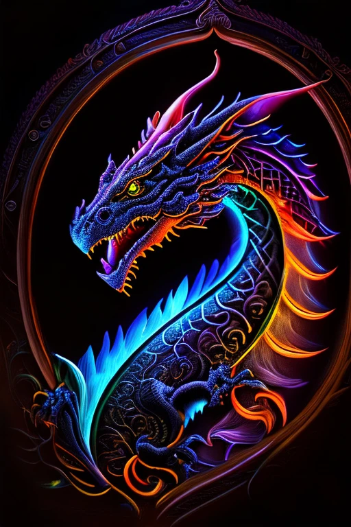 mysterious dragon, Black light painting, Arabesque background, HD