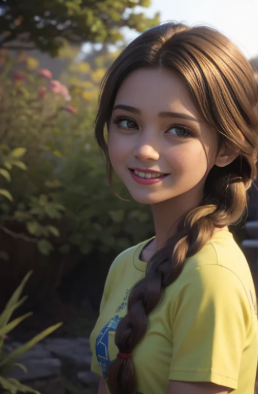 (realista: 1.4), mejor calidad, ultra-high-resolution, 4k ,  Detalles intrincados , Altamente detallado, A 14 year-old girl , very light brown hair with braid , Cabello largo , todo muy detallado , Sonriente  , alto contraste  ,  Background flowers falling behind her , HDR , cinematographic image , senos medianos , linda sonrisa , maquillaje ,ojos verdes , fondo escuela , posando para foto , peinado con copete  , trenza grande , foto de cuerpo completo , viste camiseta amarilla , falda azul , escolar , alegre , modelo adolesente , mirando al espectador