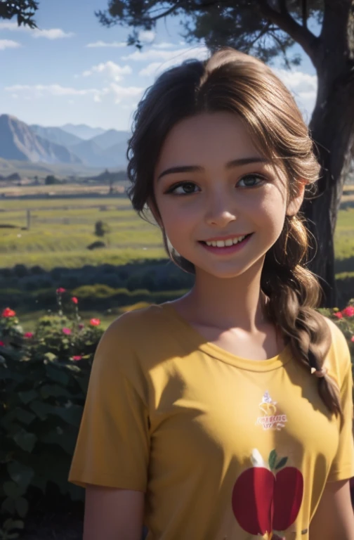 (realista: 1.4), mejor calidad, ultra-high-resolution, 4k , Detalles intrincados , Altamente detallado, A 14 year-old girl , very light brown hair with braid , Cabello largo , todo muy detallado , Sonriente , alto contraste , Background flowers falling behind her , HDR , cinematographic image , senos medianos , linda sonrisa , maquillaje ,ojos verdes , fondo escuela , posando para foto , peinado con copete , trenza grande , foto de cuerpo completo , viste camiseta amarilla , falda azul , escolar , alegre , modelo adolesente , mirando al espectador