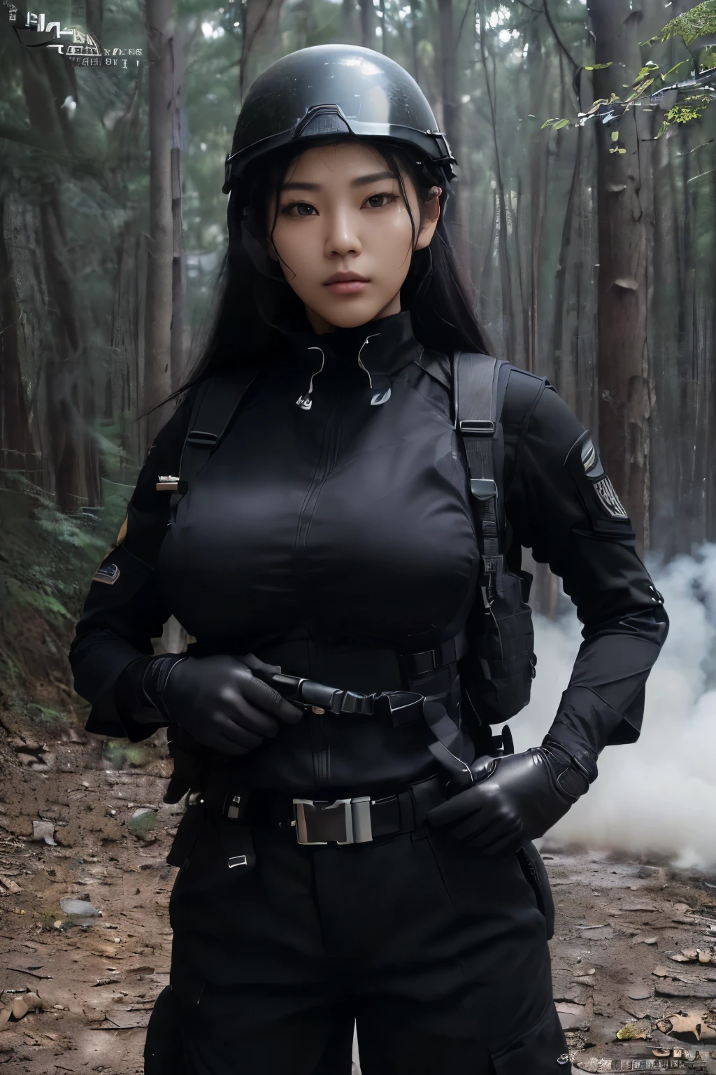 ((tmasterpiece、ultra fine photos、top-quality、超A high resolution、Photorealsitic、foco nítido、(chest circumference、Focus from the chest upwards、(Kim Ji-soo, beautiful woman, skinny, large big breasts, black long hair, detailed face, facing the camera, photo taken from a distance, age of 25 years old)、Special forces uniforms、Black tactical vest、Military trousers、Black combat gloves、rucksack、Black military long-sleeves shirt、SWAT helmet, Detailed facial and chest depictions、detailed hand depiction、Combat pose、Dynamic action、in woods、White smoke、watching at viewers