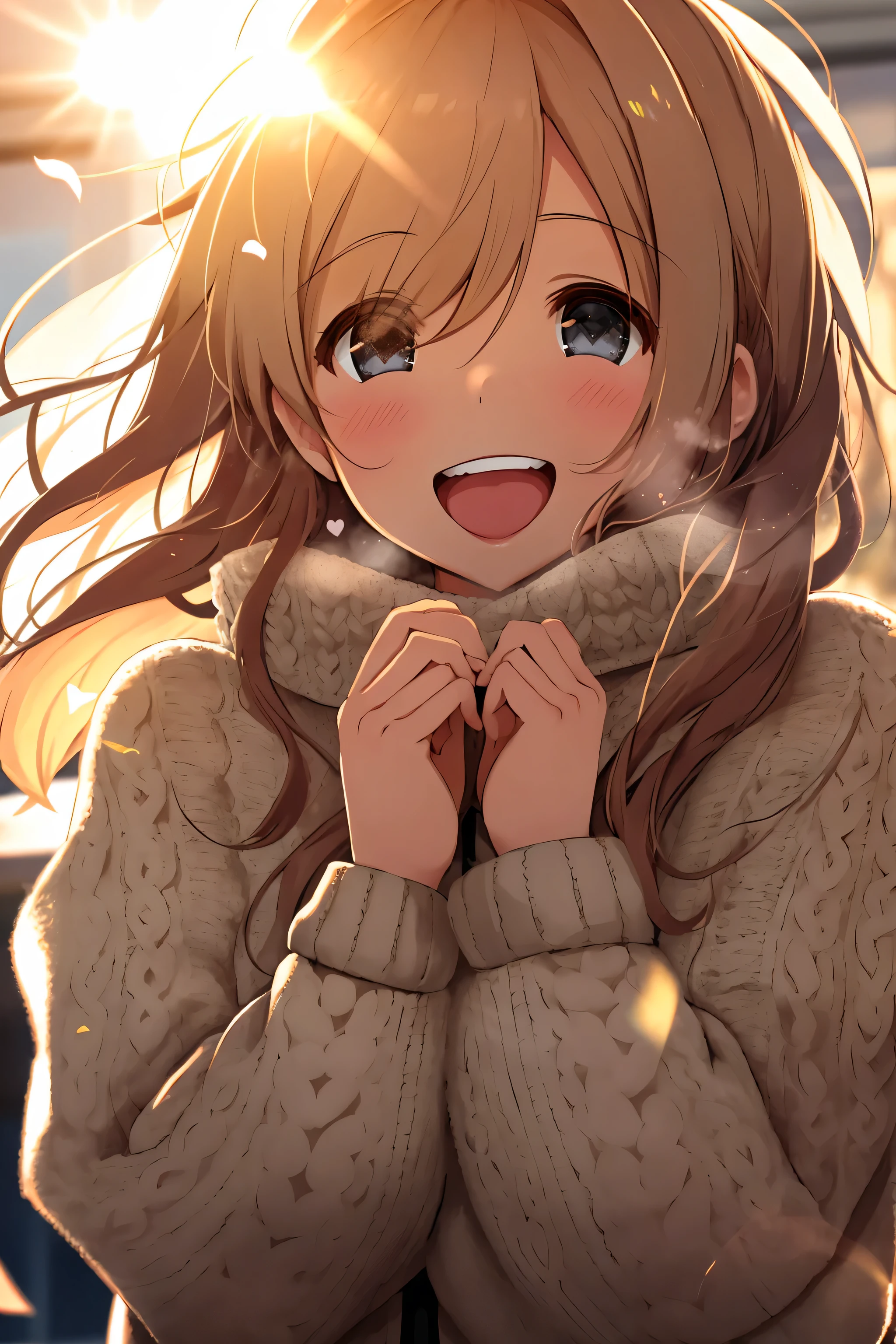 a girl, cosy sweater on, upper body, (huge Laughing:1.1), (open mouth:1.1), (wide open eyes:1.2), sun glare, bokeh, depth of field, blurry background, light particles, strong wind, (heart particles:1.1)