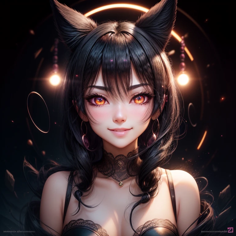 black hair, hair bobbles, wince, longeyelashes, solid circle eyes, fake animal ears, light smile, ear blush, fang, JK, fullnude, the original god, Surrealism, drop shadow, anaglyph, stereogram, tachi-e, pov, atmospheric perspective, 8k, super detail, ccurate, best quality --auto