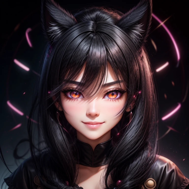 black hair, hair bobbles, wince, longeyelashes, solid circle eyes, fake animal ears, light smile, ear blush, fang, Surrealism, drop shadow, anaglyph, stereogram, tachi-e, pov, atmospheric perspective, 8k, super detail, ccurate, best quality