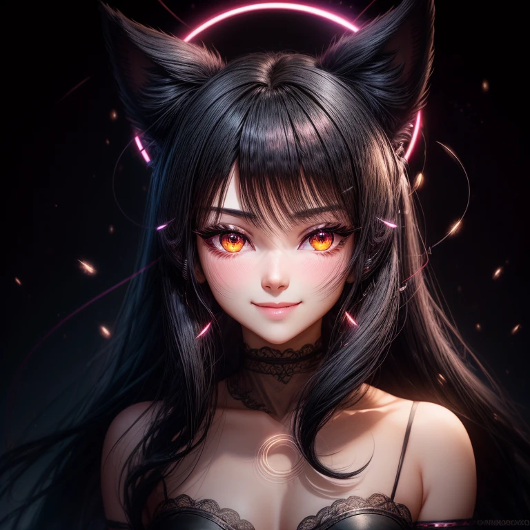 black hair, hair bobbles, wince, longeyelashes, solid circle eyes, fake animal ears, light smile, ear blush, fang, Surrealism, drop shadow, anaglyph, stereogram, tachi-e, pov, atmospheric perspective, 8k, super detail, ccurate, best quality