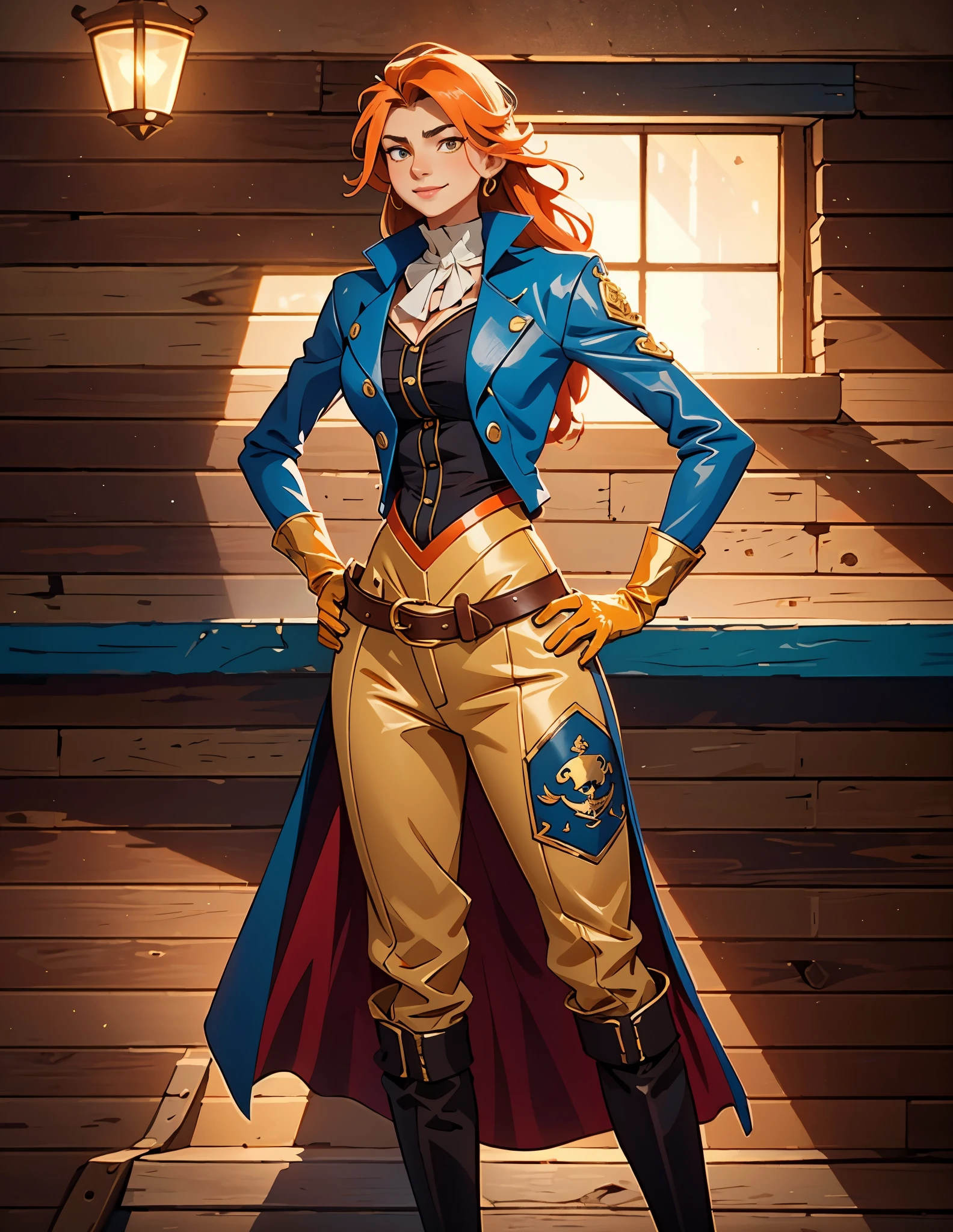 A beautiful woman with flowing orange long hair, exquisite facial features, a playful smile, confident eyes, a tall figure, a two-piece fantasy-style pirate robe coat, yellow as the main color, complemented by red accents, long wrist guard gloves on her hands, a gold belt around her waist with a short hem, leather pants, knee-high boots, standing with her hands on her hips in front of a fantasy medieval-style port tavern, this character embodies a finely crafted fantasy-style female pirate in anime style, exquisite and mature manga art style, high definition, best quality, highres, ultra-detailed, ultra-fine painting, extremely delicate, professional, anatomically correct, symmetrical face, extremely detailed eyes and face, high quality eyes, creativity, RAW photo, UHD, 8k, Natural light, cinematic lighting, masterpiece-anatomy-perfect, masterpiece:1.5