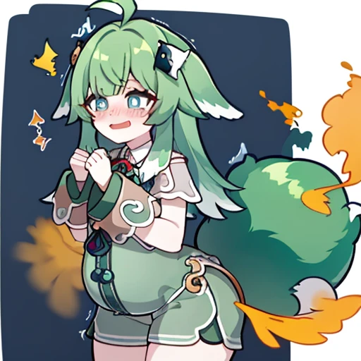 Highest image quality、(master piece:1.2)、detailed、Huo Huo、1 girl、solo、green hair、fart、Are standing、green eyes、brown shorts、Shy personality、scared、pale tail、Gas comes out of the butt、lots of gas、blush、shyness、swollen belly、Satisfied smile、put pressure on your face