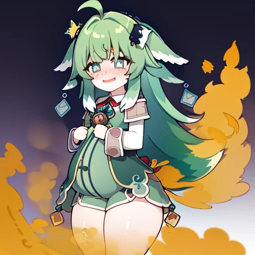 Highest image quality、(master piece:1.2)、detailed、Huo Huo、1 girl、solo、green hair、fart、Are standing、green eyes、brown shorts、Shy personality、scared、pale tail、Gas comes out of the butt、lots of gas、blush、shyness、swollen belly、Satisfied smile、put pressure on your face