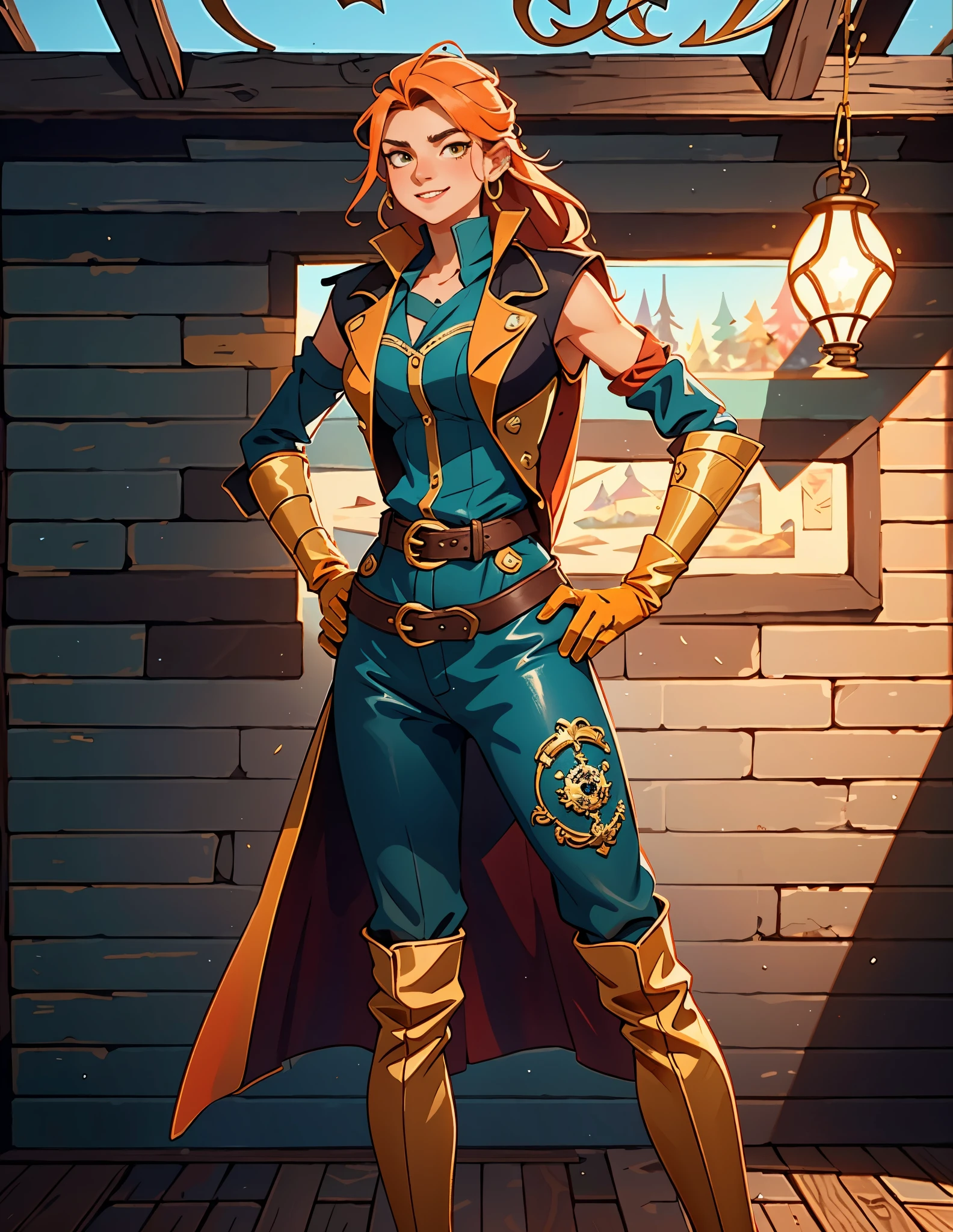 A beautiful woman with flowing orange long hair, exquisite facial features, a playful smile, confident eyes, a tall figure, a two-piece fantasy-style pirate robe coat, yellow as the main color, complemented by red accents, long wrist guard gloves on her hands, a gold belt around her waist with a short hem, leather pants, knee-high boots, standing with her hands on her hips in front of a fantasy medieval-style port tavern, this character embodies a finely crafted fantasy-style female pirate in anime style, exquisite and mature manga art style, high definition, best quality, highres, ultra-detailed, ultra-fine painting, extremely delicate, professional, anatomically correct, symmetrical face, extremely detailed eyes and face, high quality eyes, creativity, RAW photo, UHD, 8k, Natural light, cinematic lighting, masterpiece-anatomy-perfect, masterpiece:1.5