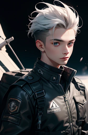 masterpiece,best quality,ultra-detailed,1boy,20years old, black_background,white shilver hair,bluegray eye,reather jacket,military pants,adventurer