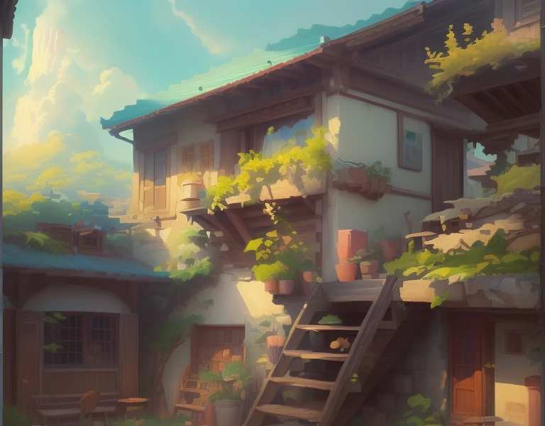 There is a painting of a house,Has stairs and balcony, beautiful anime scene, anime background art, Drawing in animation artist studio, anime scenery, beautiful anime scenery, Produced by Anime Painter Studio, anime background, anime scenery concept art, Anime beautiful peaceful scene, Xin Haicheng's style, Studio Ghibli Sunshine, anime nature, Studio Ghibli environment((winter))