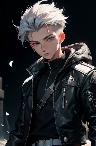 masterpiece,best quality,ultra-detailed,1boy,20years old, black_background,white shilver hair,bluegray eye,reather jacket,military pants,adventurer