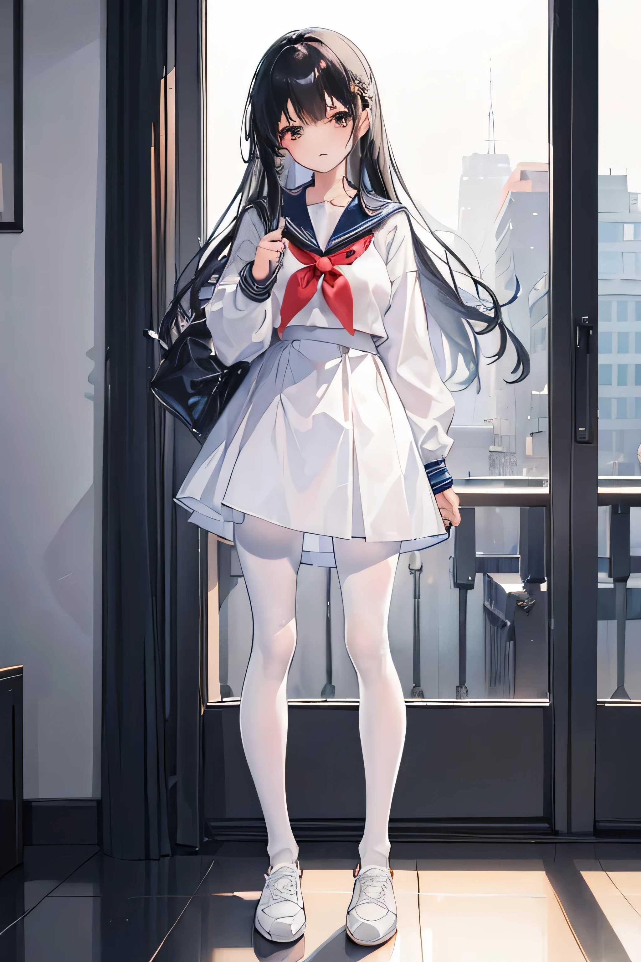 (((masterpiece, highest quality))), 1 girl, sailor suit, skirt, black hair, messy hair, mature, white pantyhose, shiny pantyhose, shiny skin, best lighting, best shadows, confused, Are standing, put your hands on your hips, Anger expression, very cute,whole body,wearing sneakers