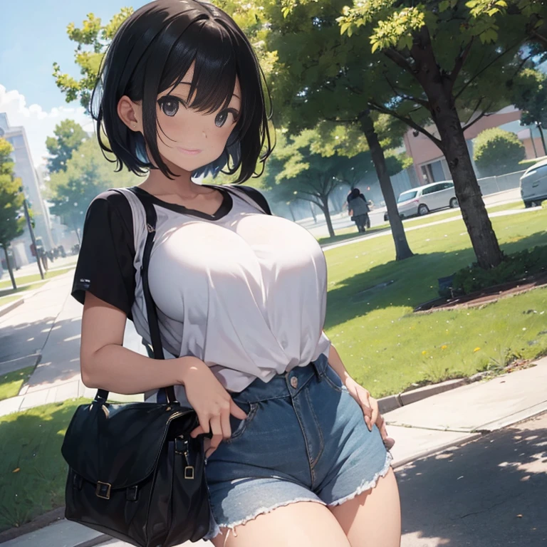girl, In town, stage, short hair, big breasts, thighs, shorts, perfect anatomy, shape, algorithm trends, sit