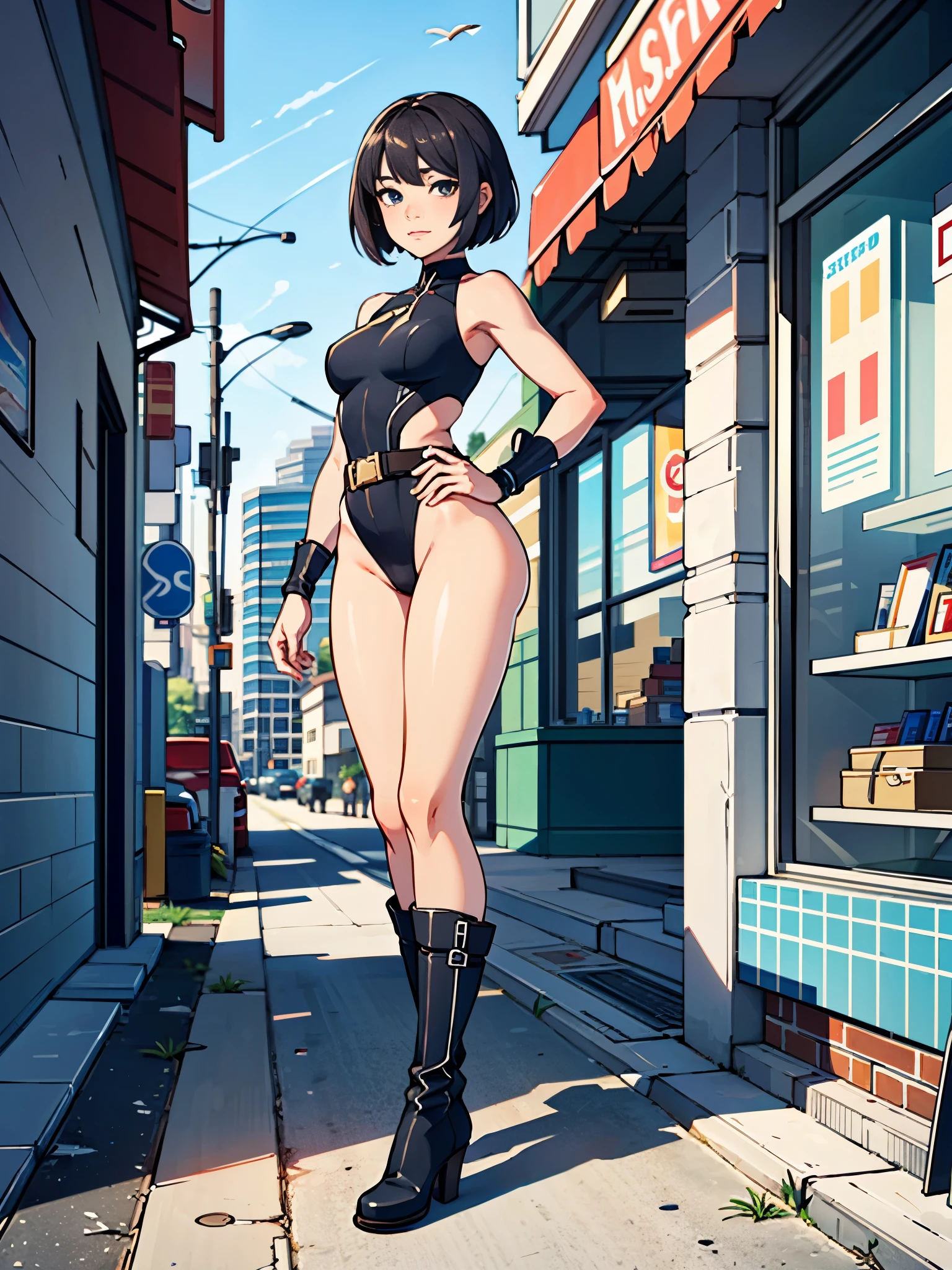 (((pixel-perfect, detail-perfect))), 1girl, superhero, leotard, highleg leotard, bare legs, boots, standing, solo focus, tight belt, hands on hip, full body shot, mature lady, city backdrop, sleeveless, ultra highres, absurdres, beautiful face, detailed eyes, symmetric eyes, ((only five fingers)), perfect body, good proportions