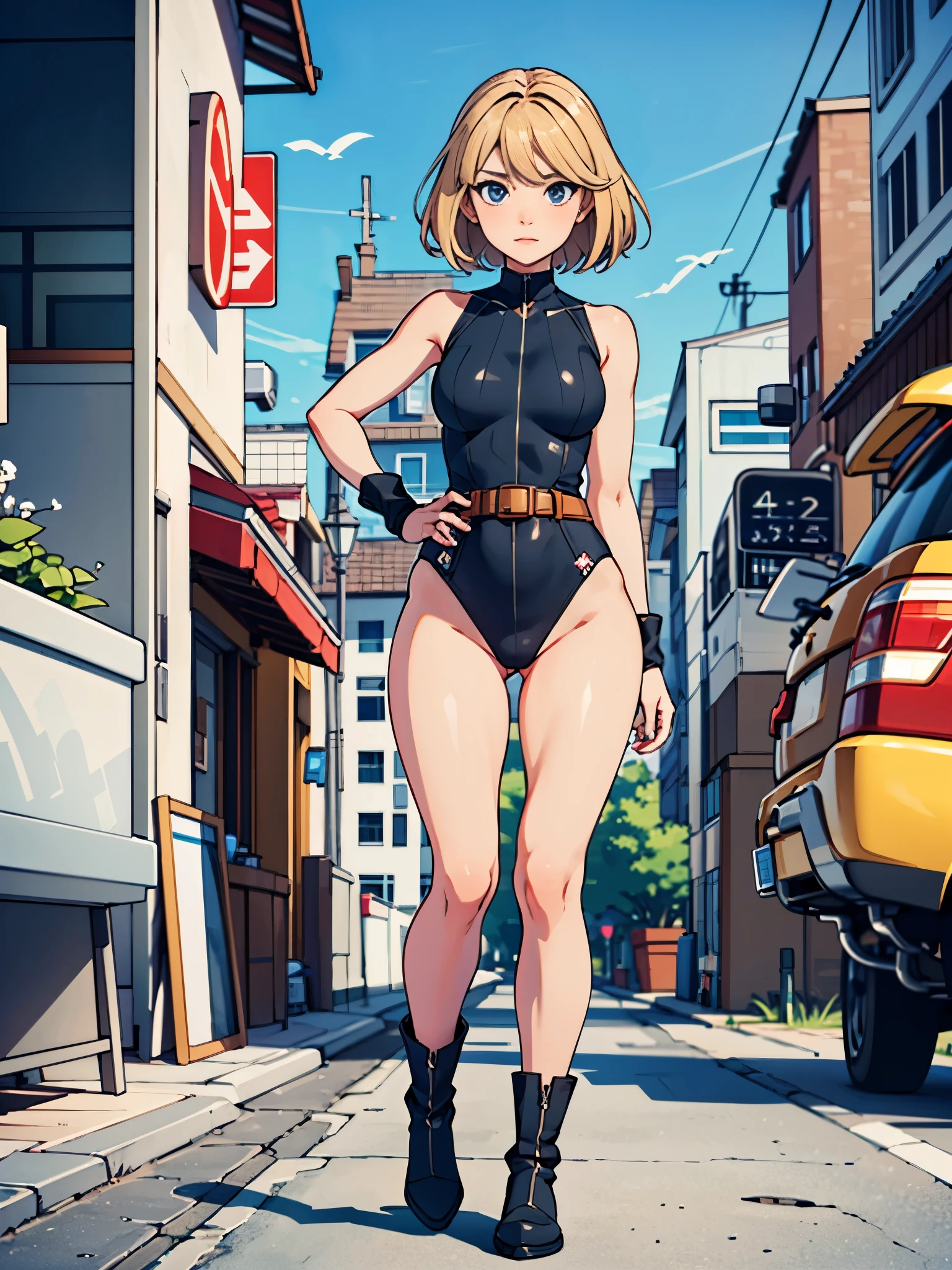 (((pixel-perfect, detail-perfect))), 1girl, superhero, leotard, highleg leotard, bare legs, boots, standing, solo focus, tight belt, hands on hip, full body shot, mature lady, city backdrop, sleeveless, ultra highres, absurdres, beautiful face, detailed eyes, symmetric eyes, ((only five fingers)), perfect body, good proportions