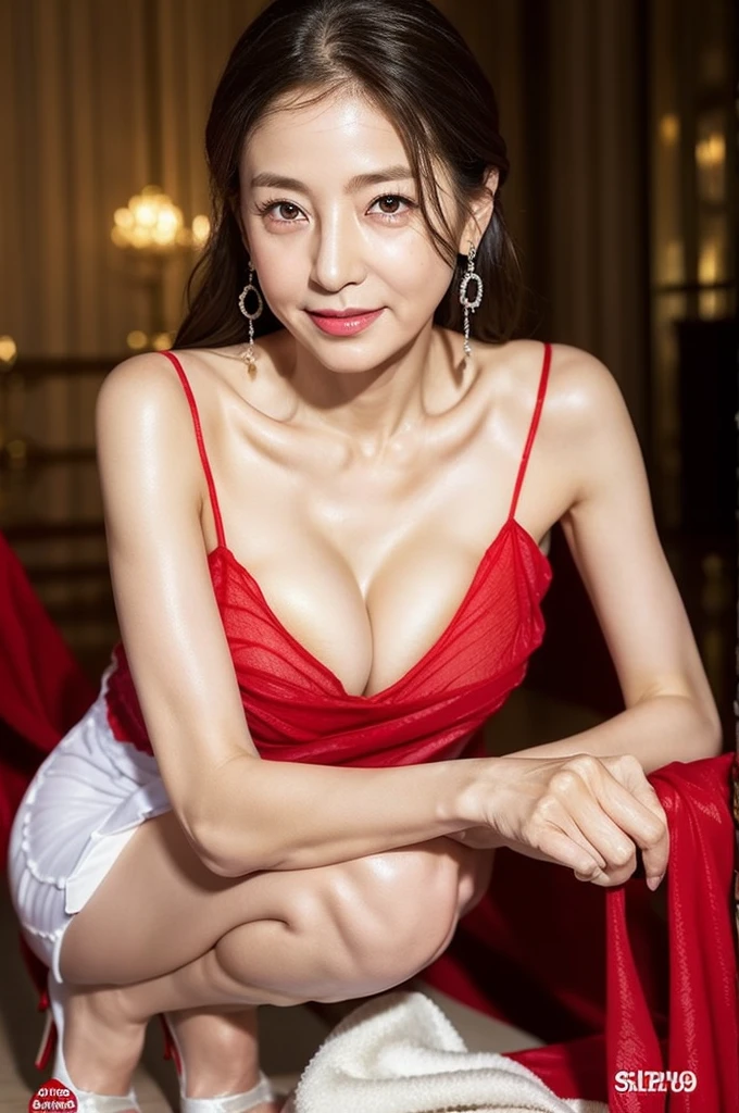 (masterpiece, highest quality), japanese mature, (alone), 60 years old, (wrinkles around the eyes:1.55), big breasts, mature woman, Glamour, Sexy, pure white skin、make:1.35、looking at the viewer、(super big breasts:1.28)、(Wavy Longhair)、small diamond necklace、earrings、(((red Slip Dress:1.28)))、(high heels)、smile、Public place、spread legs、Crouching、