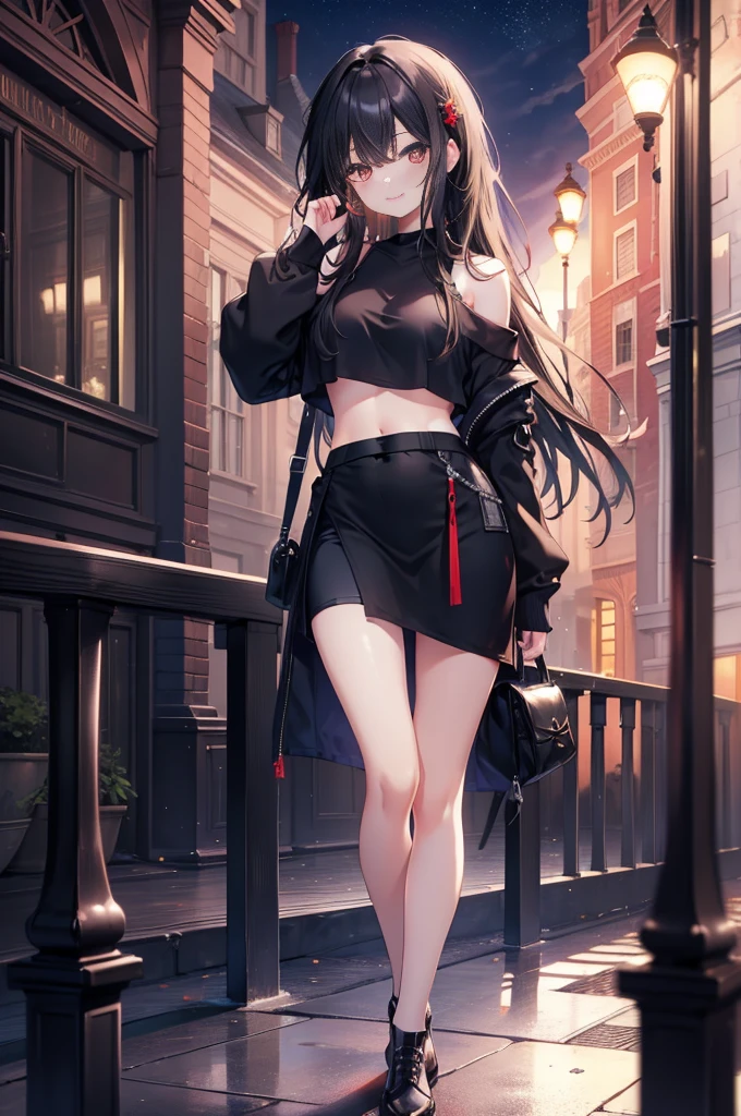 (masterpiece), (best quality), (4k resolution), (anatomy; perfect), , 1  girl, fair skin, red eyes, black hair), detailed eyes, perfect face, (locks, bangs), loose hair, (light effects in hair), eyebrow, nose, ear, tight mouth, smiling, sweatshirt OFF SHOULDER TOP, short skirt, tightig chest), (perfect belly), (perfect waist), Beautiful and perfect legs, standing, background scenery, in the park, new year, beautiful night, night lighting, looking at viewer shy