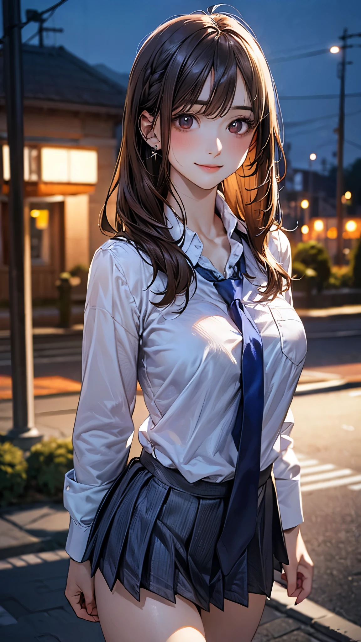 (masterpiece:1.2, top-quality), (realistic, photorealistic:1.4), beautiful illustration, (natural side lighting, movie lighting), 
looking at viewer, cowboy shot, front view:0.6, 1 girl, japanese, high school girl, perfect face, cute and symmetrical face, shiny skin, 
(long hair:1.4, updo hairstyle:1.5, sidelocks, dark brown hair), hair between eye, dark brown eyes, long eye lasher, (large breasts:0.6, seductive thighs), 
beautiful hair, beautiful face, beautiful detailed eyes, beautiful clavicle, beautiful body, beautiful chest, beautiful thigh, beautiful legs, beautiful fingers, 
((long sleeve white collared shirts, navy pleated miniskirt, blue tie)), pink panties, 
(beautiful scenery), evening, riverside, walking, (lovely smile, upper eyes), 