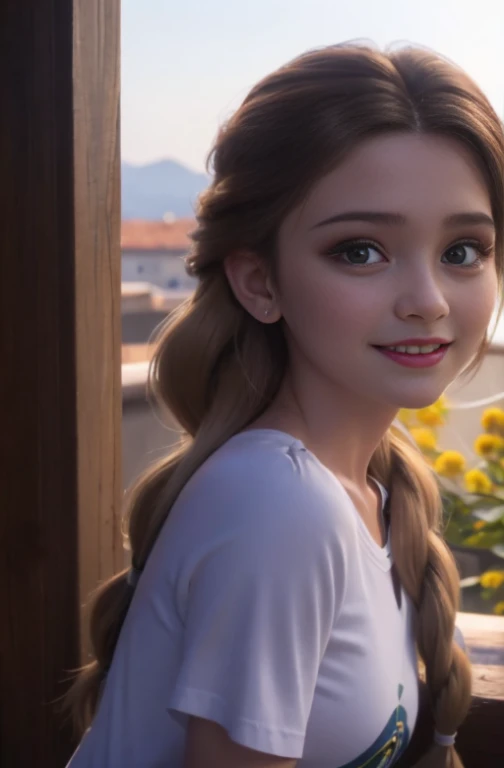 (realista: 1.4), mejor calidad, ultra-high-resolution, 4k , Detalles intrincados , Altamente detallado, A 15 year-old girl , very light brown hair with braid , Cabello largo , todo muy detallado , Sonriente , alto contraste , Background flowers falling behind her , HDR , cinematographic image , senos medianos , linda sonrisa , maquillaje ,ojos verdes , pasillo de escuela , posando para foto , peinado con copete , trenza grande , foto de cuerpo completo , viste camiseta amarilla , falda azul , escolar , alegre , modelo adolesente , mirando al espectador , cuerpo completo