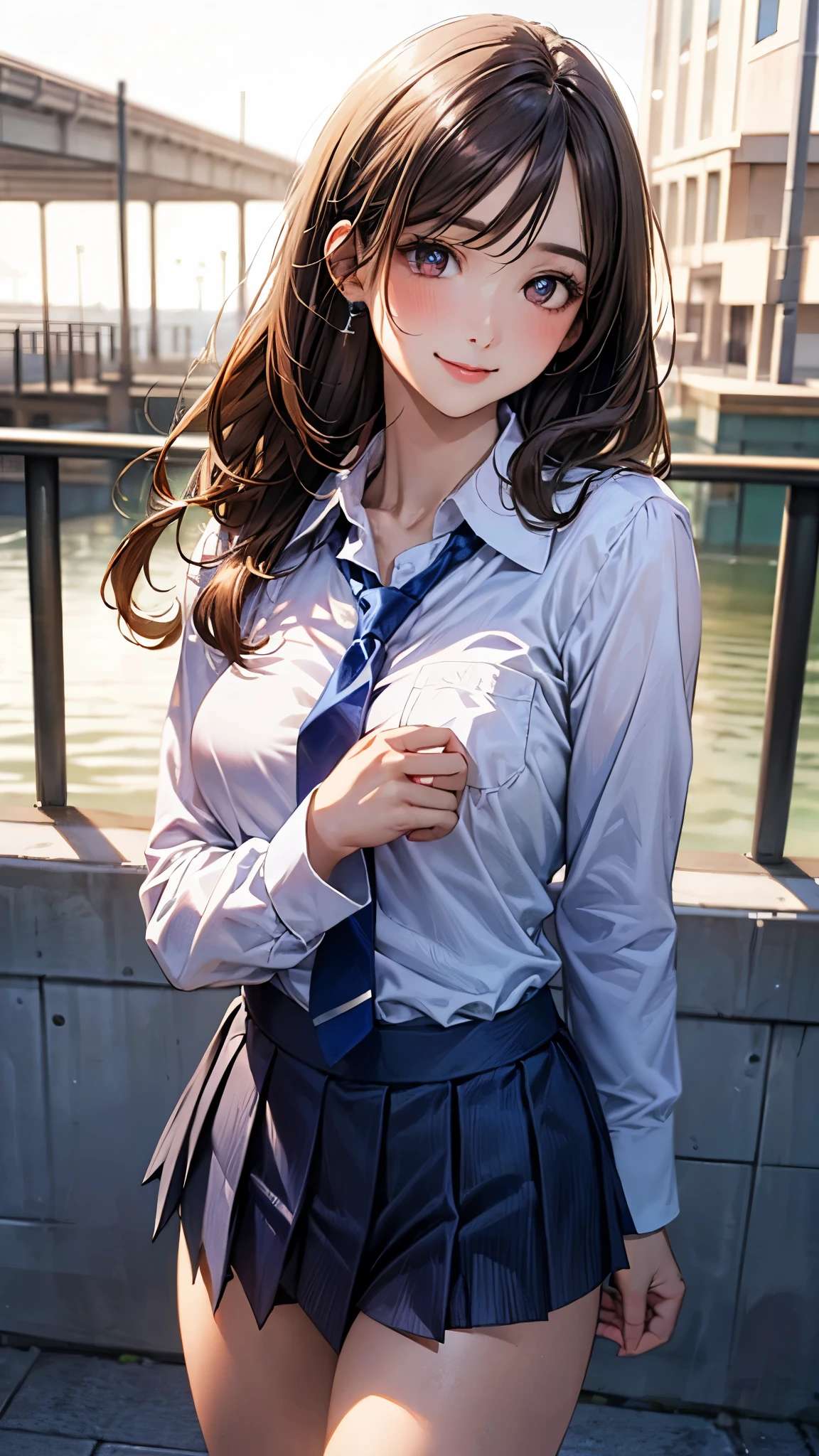 (masterpiece:1.2, top-quality), (realistic, photorealistic:1.4), beautiful illustration, (natural side lighting, movie lighting),
looking at viewer, cowboy shot, front view:0.6, 1 girl, japanese, high school girl, perfect face, cute and symmetrical face, shiny skin,
(long hair:1.4, updo hairstyle:1.5, sidelocks, dark brown hair), hair between eye, dark brown eyes, long eye lasher, (large breasts:0.6, seductive thighs),
beautiful hair, beautiful face, beautiful detailed eyes, beautiful clavicle, beautiful body, beautiful chest, beautiful thigh, beautiful legs, beautiful fingers,
((long sleeve white collared shirts, navy pleated miniskirt, blue tie)), pink panties,
(beautiful scenery), evening, riverside, walking, (lovely smile, upper eyes),