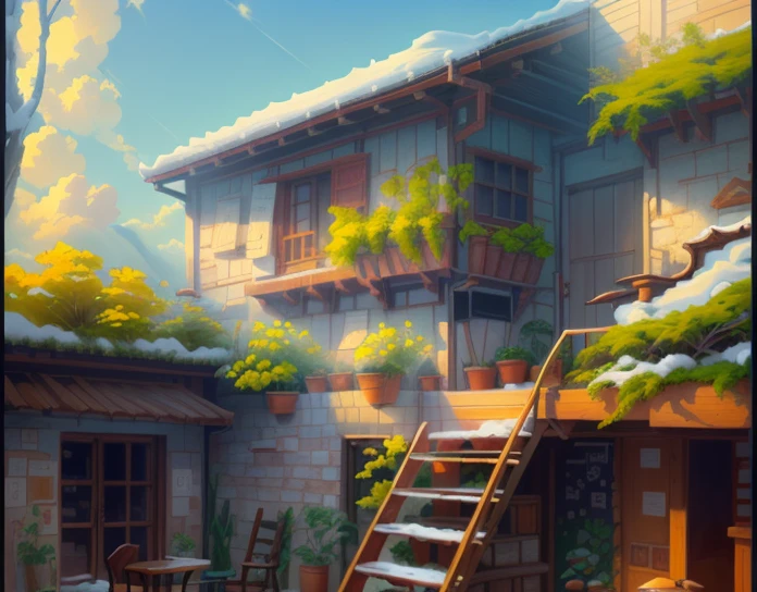 There is a painting of a house，Has stairs and balcony, beautiful anime scene, anime background art, Drawing in animation artist studio, anime scenery, beautiful anime scenery, Produced by Anime Painter Studio, anime background, anime scenery concept art, Anime beautiful peaceful scene, Xin Haicheng&#39;s style, Studio Ghibli Sunshine, anime nature, Studio Ghibli environment（（winter））（（snow））