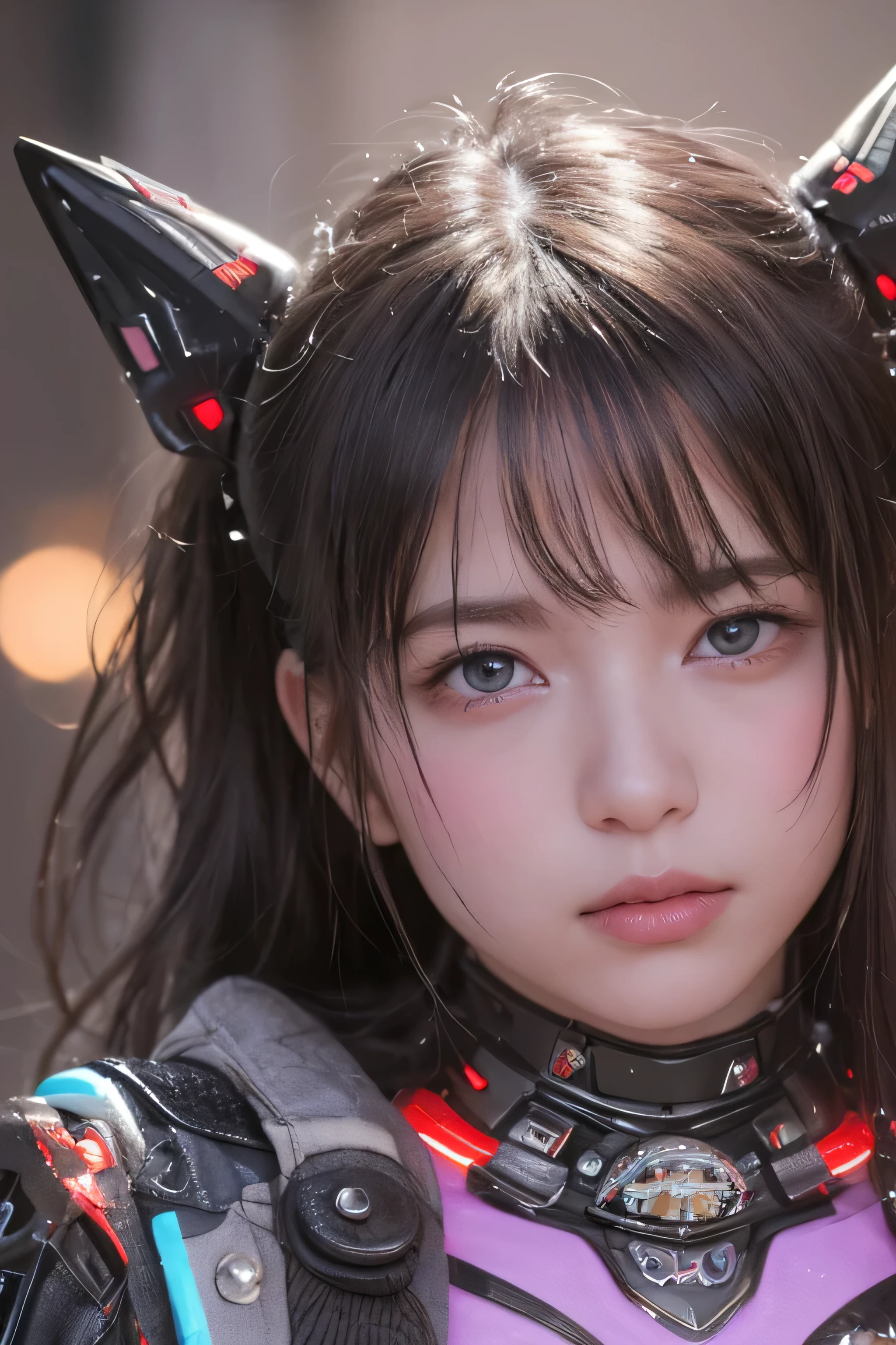 Top Quality, Masterpiece, Ultra High Resolution, (Photorealistic: 1.4), Raw Photo, 1 Girl, Black Hair, Glossy Skin, 1 Mechanical Girl, (Ultra Realistic Detail)), Portrait, Global Illumination, Shadows, Octane Rendering, 8K, Ultra Sharp, Big, Cleavage Exposed Raw Skin, Metal, Intricate Ornament Details, Japan Details, Very intricate details, realistic light, CGSoation trend, purple eyes, glowing eyes, facing the camera, neon details, mechanical limbs, blood vessels connected to the tube, mechanical vertebrae attached to the back, mechanical cervical attachment to the neck, sitting, wires and cables connecting to the head, evangelion, small LED lamp,