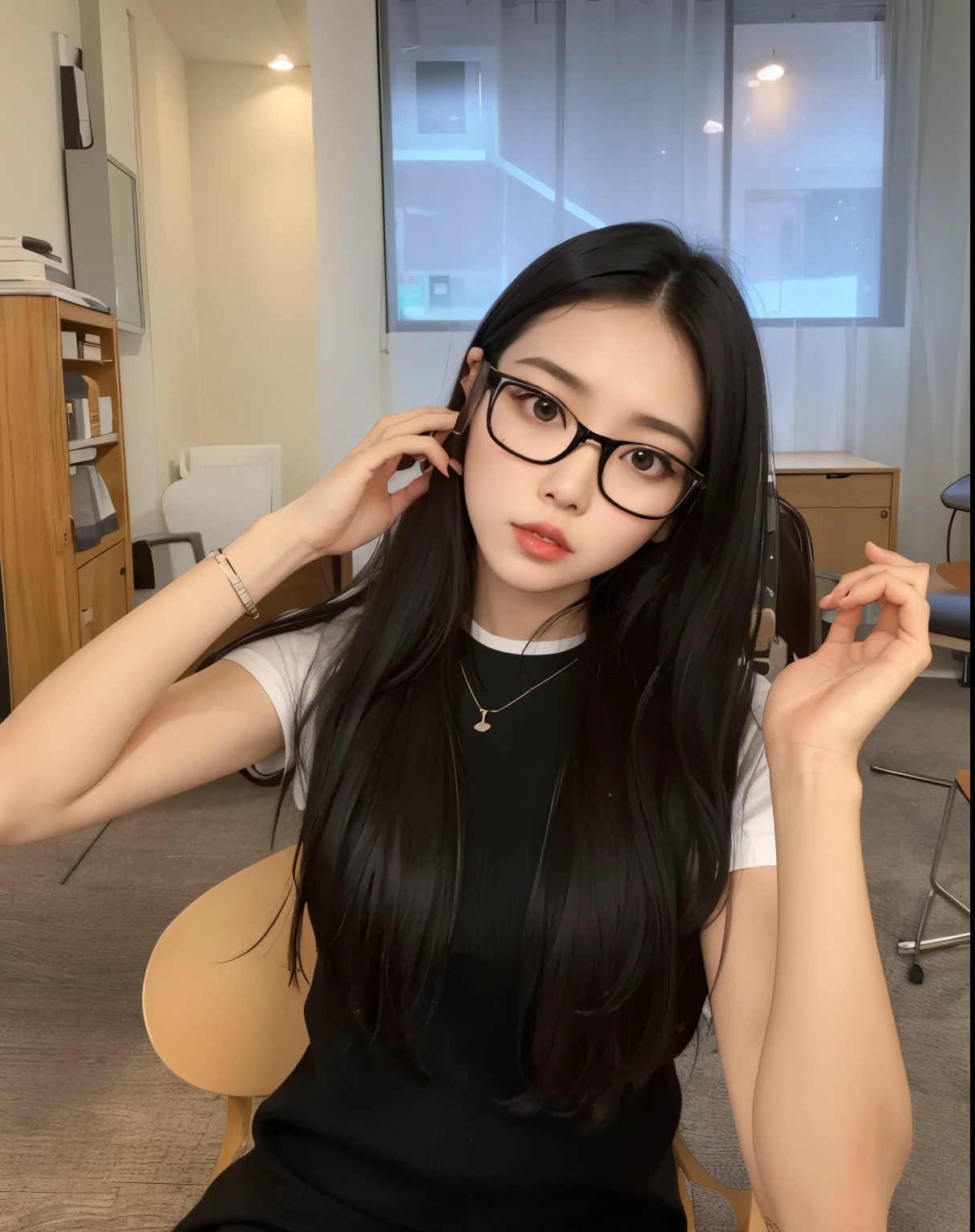 there is a woman with glasses sitting on a chair in a room, with glasses, wavy long black hair and glasses, ulzzang, korean girl, spectacled, with glasses on, wearing thin large round glasses, with black eyeglasses, wearing black frame glasses, jaeyeon nam, with long hair, with square glasses, asian girl with long hair