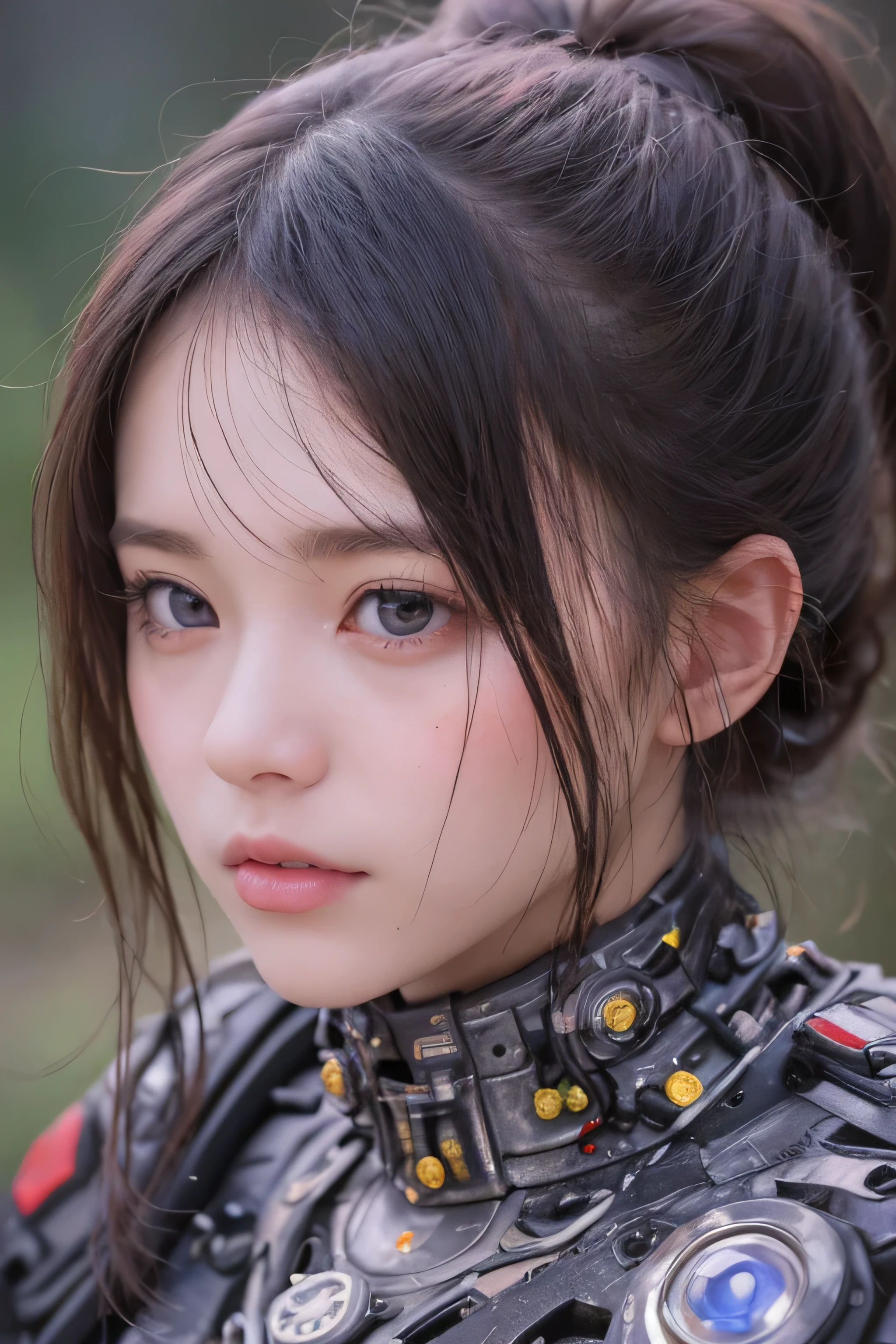 Top Quality, Masterpiece, Ultra High Resolution, (Photorealistic: 1.4), Raw Photo, 1 Girl, Black Hair, Glossy Skin, 1 Mechanical Girl, (Ultra Realistic Detail)), Portrait, Global Illumination, Shadows, Octane Rendering, 8K, Ultra Sharp, Big, Cleavage Exposed Raw Skin, Metal, Intricate Ornament Details, Japan Details, Very intricate details, realistic light, CGSoation trend, purple eyes, glowing eyes, facing the camera, neon details, mechanical limbs, blood vessels connected to the tube, mechanical vertebrae attached to the back, mechanical cervical attachment to the neck, sitting, wires and cables connecting to the head, evangelion, small LED lamp,