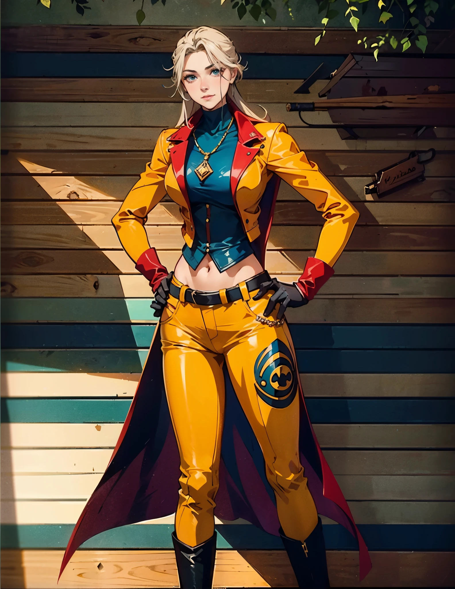 A beautiful woman with flowing orange long hair, exquisite facial features, a playful smile, confident eyes, a tall figure, a two-piece fantasy-style pirate robe coat, yellow as the main color, complemented by red accents, long wrist guard gloves on her hands, a gold belt around her waist with a short hem, leather pants, knee-high boots, standing with her hands on her hips in front of a fantasy medieval-style port tavern, this character embodies a finely crafted fantasy-style female pirate in anime style, exquisite and mature manga art style, high definition, best quality, highres, ultra-detailed, ultra-fine painting, extremely delicate, professional, anatomically correct, symmetrical face, extremely detailed eyes and face, high quality eyes, creativity, RAW photo, UHD, 8k, Natural light, cinematic lighting, masterpiece-anatomy-perfect, masterpiece:1.5