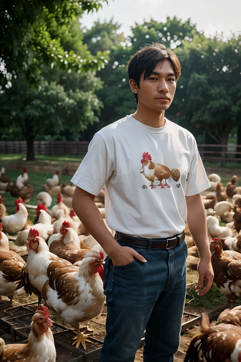 former designer，Now he has changed his career to become a chicken farmer。He wears simple clothes，Standing among a group of hens and a few roosters。Human and chicken interact，Chicken and character illustration close-up，moving image。