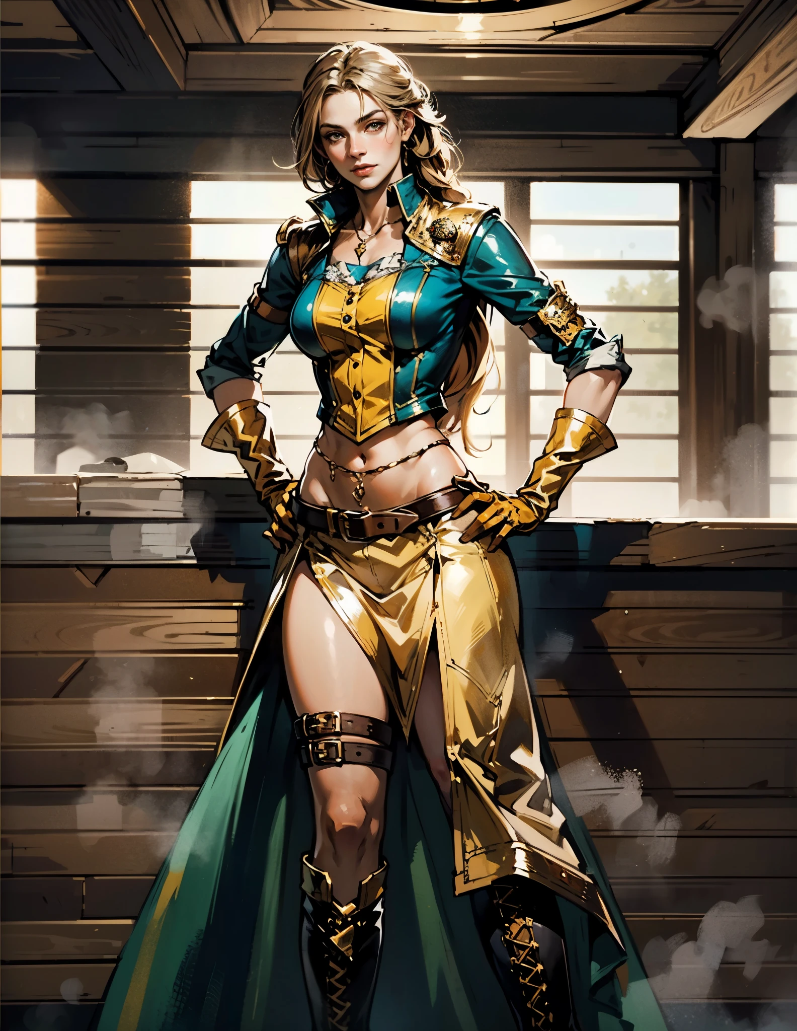 A beautiful woman with flowing orange long hair, exquisite facial features, a playful smile, confident eyes, a tall figure, a two-piece fantasy-style pirate robe coat, yellow as the main color, complemented by red accents, long wrist guard gloves on her hands, a gold belt around her waist with a short hem, leather pants, knee-high boots, standing with her hands on her hips in front of a fantasy medieval-style port tavern, this character embodies a finely crafted fantasy-style female pirate in anime style, exquisite and mature manga art style, high definition, best quality, highres, ultra-detailed, ultra-fine painting, extremely delicate, professional, anatomically correct, symmetrical face, extremely detailed eyes and face, high quality eyes, creativity, RAW photo, UHD, 8k, Natural light, cinematic lighting, masterpiece-anatomy-perfect, masterpiece:1.5