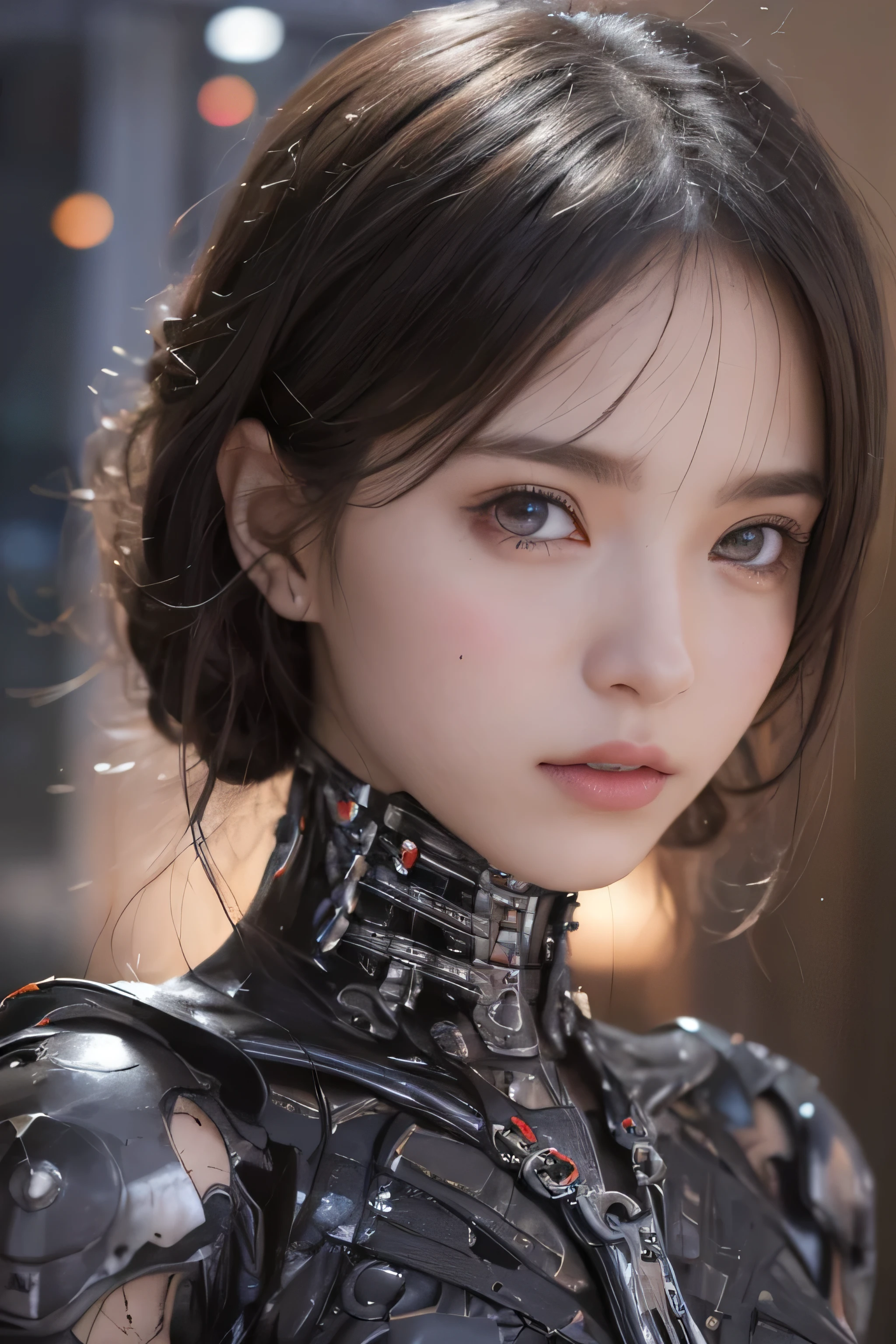 Top Quality, Masterpiece, Ultra High Resolution, (Photorealistic: 1.4), Raw Photo, 1 Girl, Black Hair, Glossy Skin, 1 Mechanical Girl, (Ultra Realistic Detail)), Portrait, Global Illumination, Shadows, Octane Rendering, 8K, Ultra Sharp, Big, Cleavage Exposed Raw Skin, Metal, Intricate Ornament Details, Japan Details, Very intricate details, realistic light, CGSoation trend, purple eyes, glowing eyes, facing the camera, neon details, mechanical limbs, blood vessels connected to the tube, mechanical vertebrae attached to the back, mechanical cervical attachment to the neck, sitting, wires and cables connecting to the head, evangelion, small LED lamp,