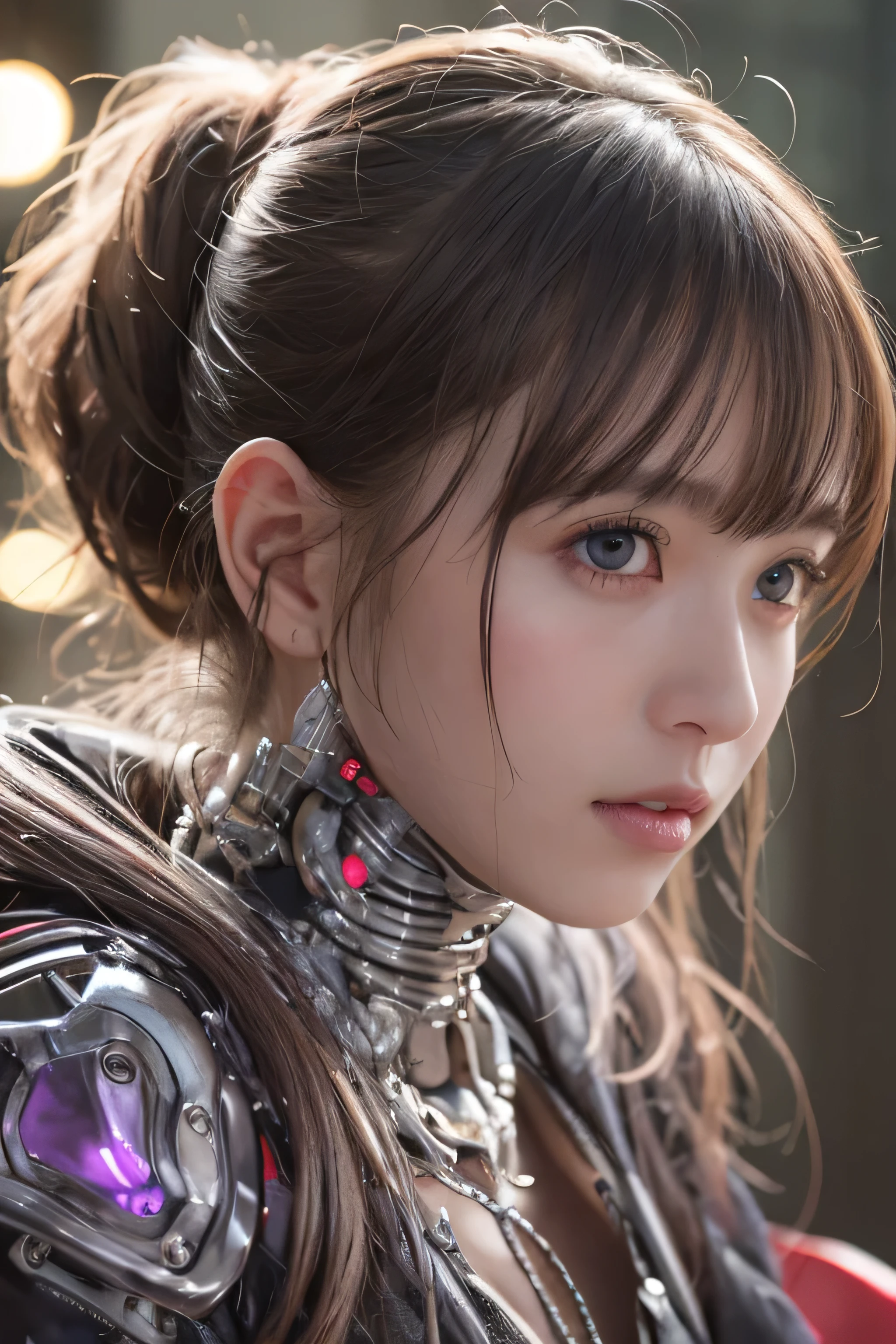 Top Quality, Masterpiece, Ultra High Resolution, (Photorealistic: 1.4), Raw Photo, 1 Girl, Black Hair, Glossy Skin, 1 Mechanical Girl, (Ultra Realistic Detail)), Portrait, Global Illumination, Shadows, Octane Rendering, 8K, Ultra Sharp, Big, Cleavage Exposed Raw Skin, Metal, Intricate Ornament Details, Japan Details, Very intricate details, realistic light, CGSoation trend, purple eyes, glowing eyes, facing the camera, neon details, mechanical limbs, blood vessels connected to the tube, mechanical vertebrae attached to the back, mechanical cervical attachment to the neck, sitting, wires and cables connecting to the head, evangelion, small LED lamp,