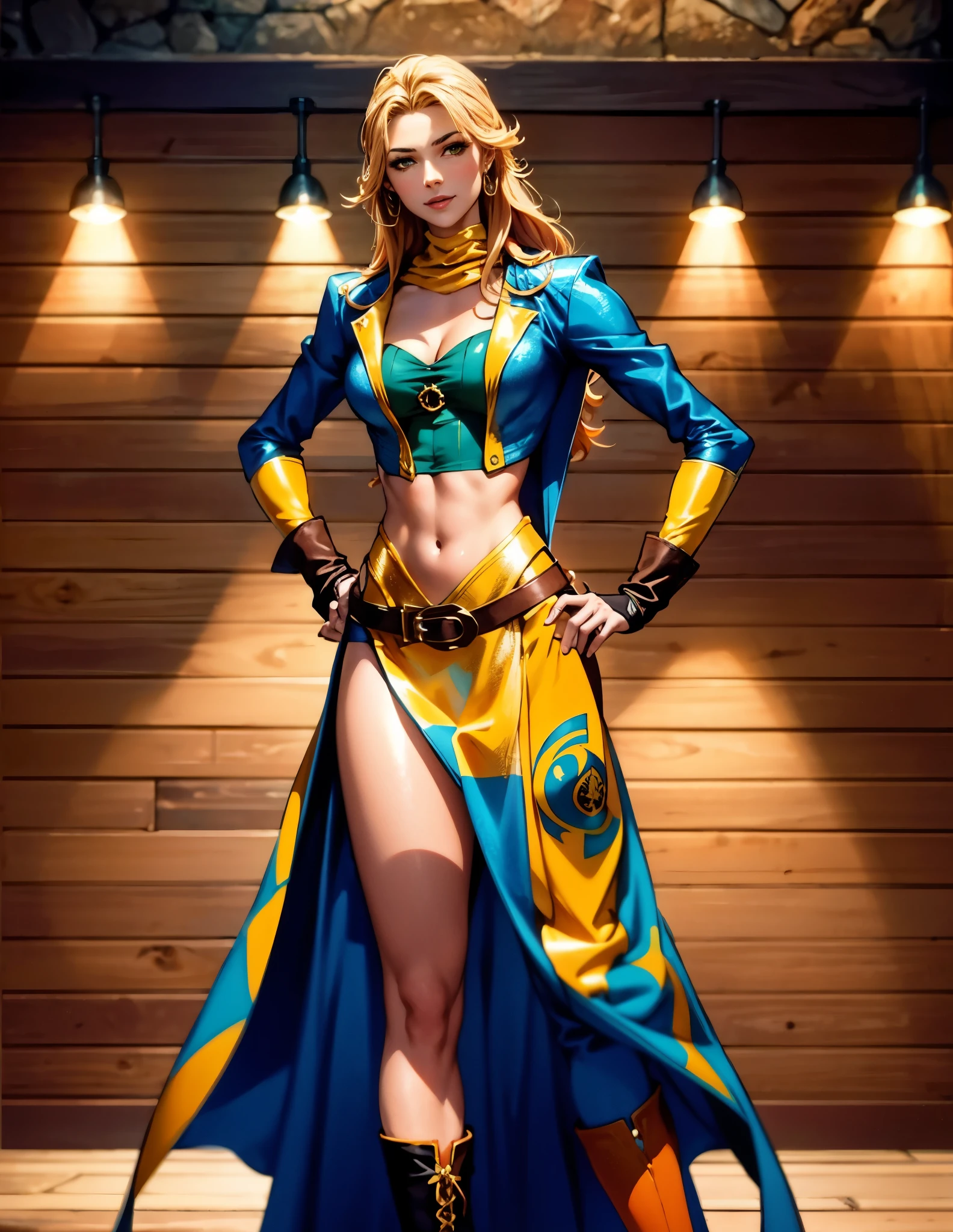A beautiful woman with flowing orange long hair, exquisite facial features, a playful smile, confident eyes, a tall figure, a two-piece fantasy-style pirate robe coat, yellow as the main color, complemented by red accents, long wrist guard gloves on her hands, a gold belt around her waist with a short hem, leather pants, knee-high boots, standing with her hands on her hips in front of a fantasy medieval-style port tavern, this character embodies a finely crafted fantasy-style female pirate in anime style, exquisite and mature manga art style, high definition, best quality, highres, ultra-detailed, ultra-fine painting, extremely delicate, professional, anatomically correct, symmetrical face, extremely detailed eyes and face, high quality eyes, creativity, RAW photo, UHD, 8k, Natural light, cinematic lighting, masterpiece-anatomy-perfect, masterpiece:1.5