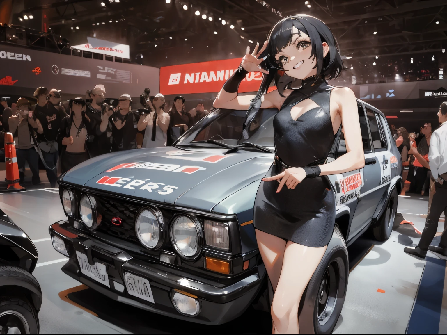 At a motor show, a Nissan R30 WAGON with a matte black body color attracts a lot of attention. The car has been customized for off-road rally racing and has various parts and stickers on it. A girl with a grin and beautiful eyelashes is the race queen of the car. She is wearing a short dress and high heels with the car's sponsor's name on them. She smiles and waves at the crowd, holding a microphone in her hand.