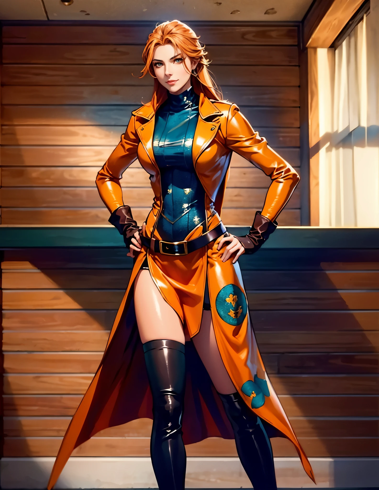 A beautiful woman with flowing orange long hair, exquisite facial features, a playful smile, confident eyes, a tall figure, a two-piece fantasy-style pirate robe coat, yellow as the main color, complemented by red accents, long wrist guard gloves on her hands, a gold belt around her waist with a short hem, leather pants, knee-high boots, standing with her hands on her hips in front of a fantasy medieval-style port tavern, this character embodies a finely crafted fantasy-style female pirate in anime style, exquisite and mature manga art style, high definition, best quality, highres, ultra-detailed, ultra-fine painting, extremely delicate, professional, anatomically correct, symmetrical face, extremely detailed eyes and face, high quality eyes, creativity, RAW photo, UHD, 8k, Natural light, cinematic lighting, masterpiece-anatomy-perfect, masterpiece:1.5