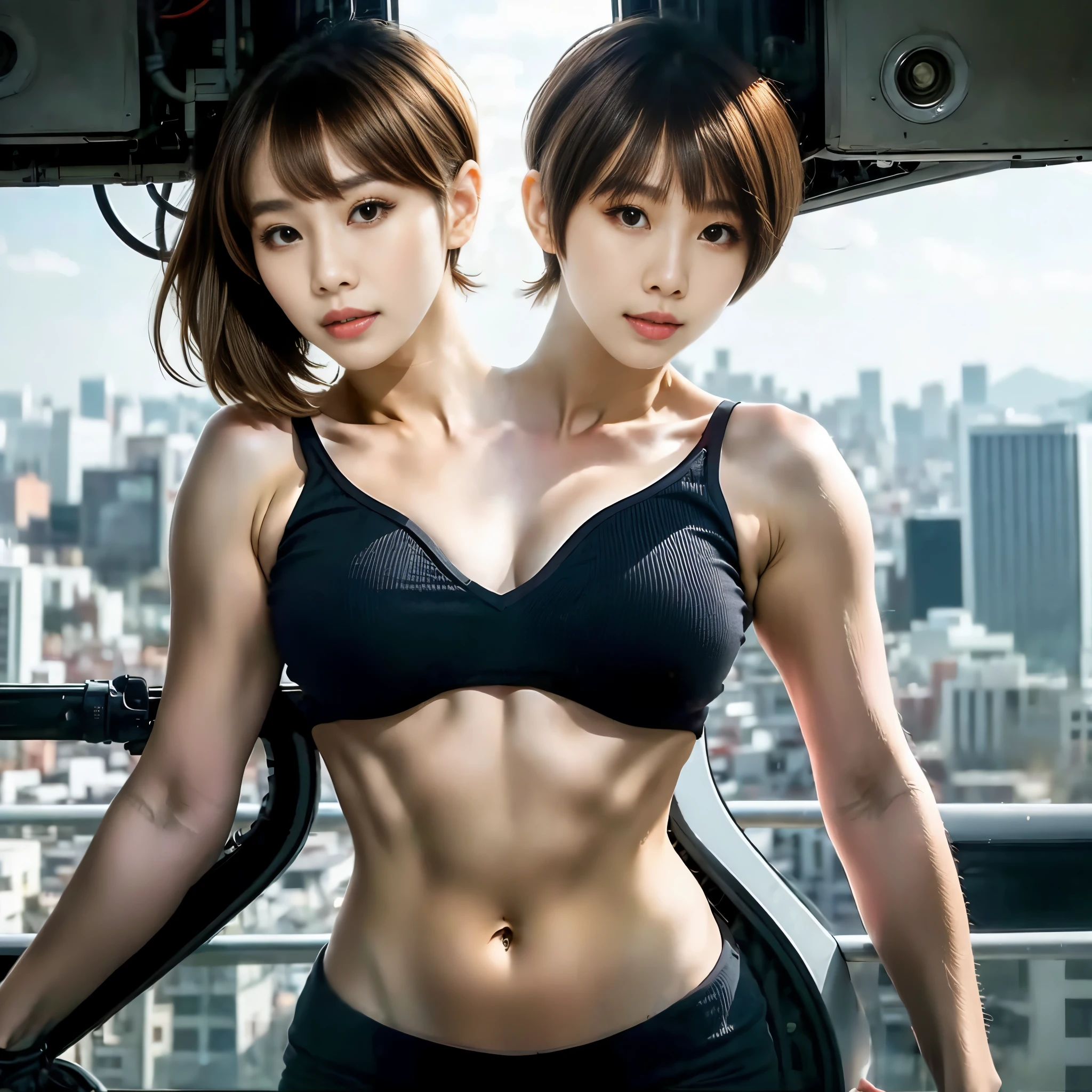 best resolution, half-body shot, robot arms, robot body, 2 heads, woman with two heads,korean, diferent haircuts, pixie cut, ponytail, brown hair, blonde hair,     mechanical, city background