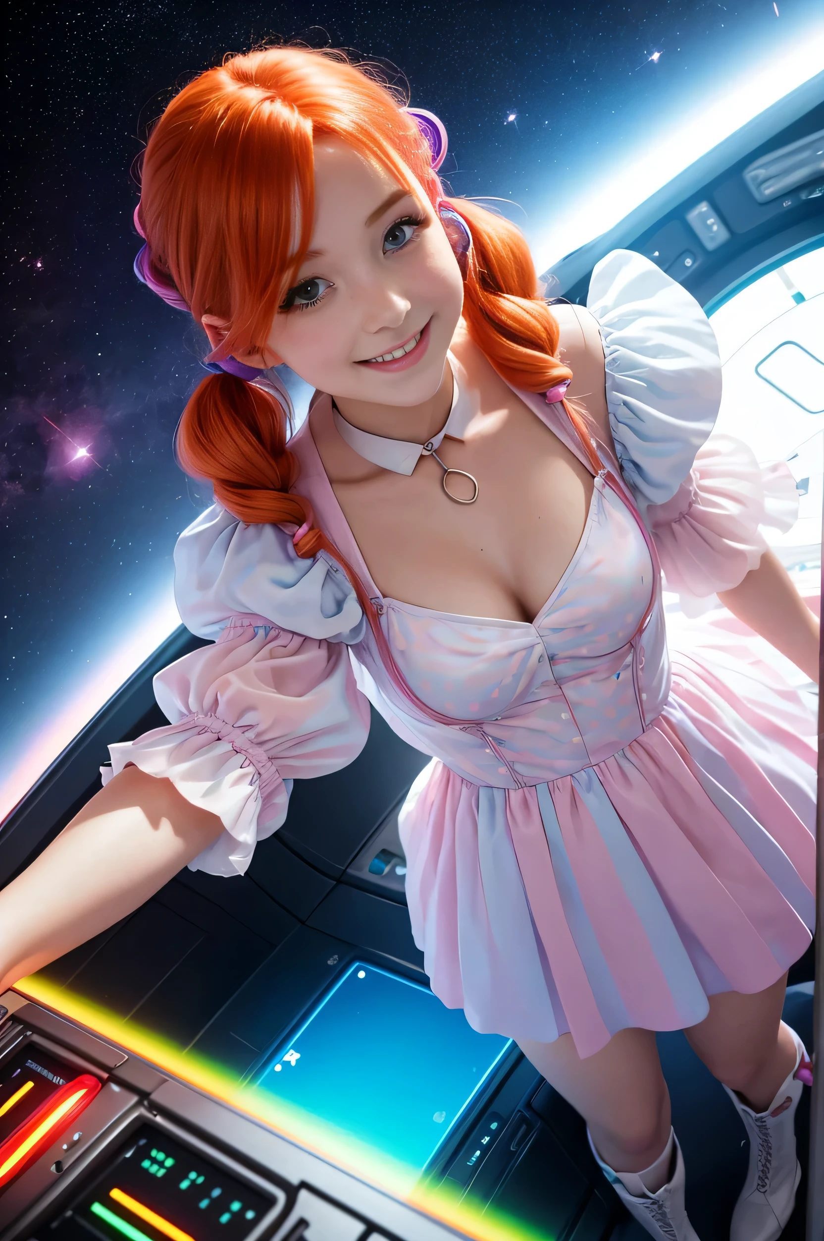 (overhead view) Cute redhead with rainbow colored hair tips, ribbons in her hair, 18-year-old woman, happy, smiling, in twin tails, perfect eyes, clear sparkling blue eyes, pale skin, silky smooth skin, flying a fancy metal luxurious space ship, futuristic cockpit, she's a pilot, outer space seen in windows, dark warm lighting, wearing a futuristic party dress, pleated (chemise) mini dress (pastel rainbow colors, and polka dots), puffy sleeves, silk, pantyhose, cute short cut booties, boots.