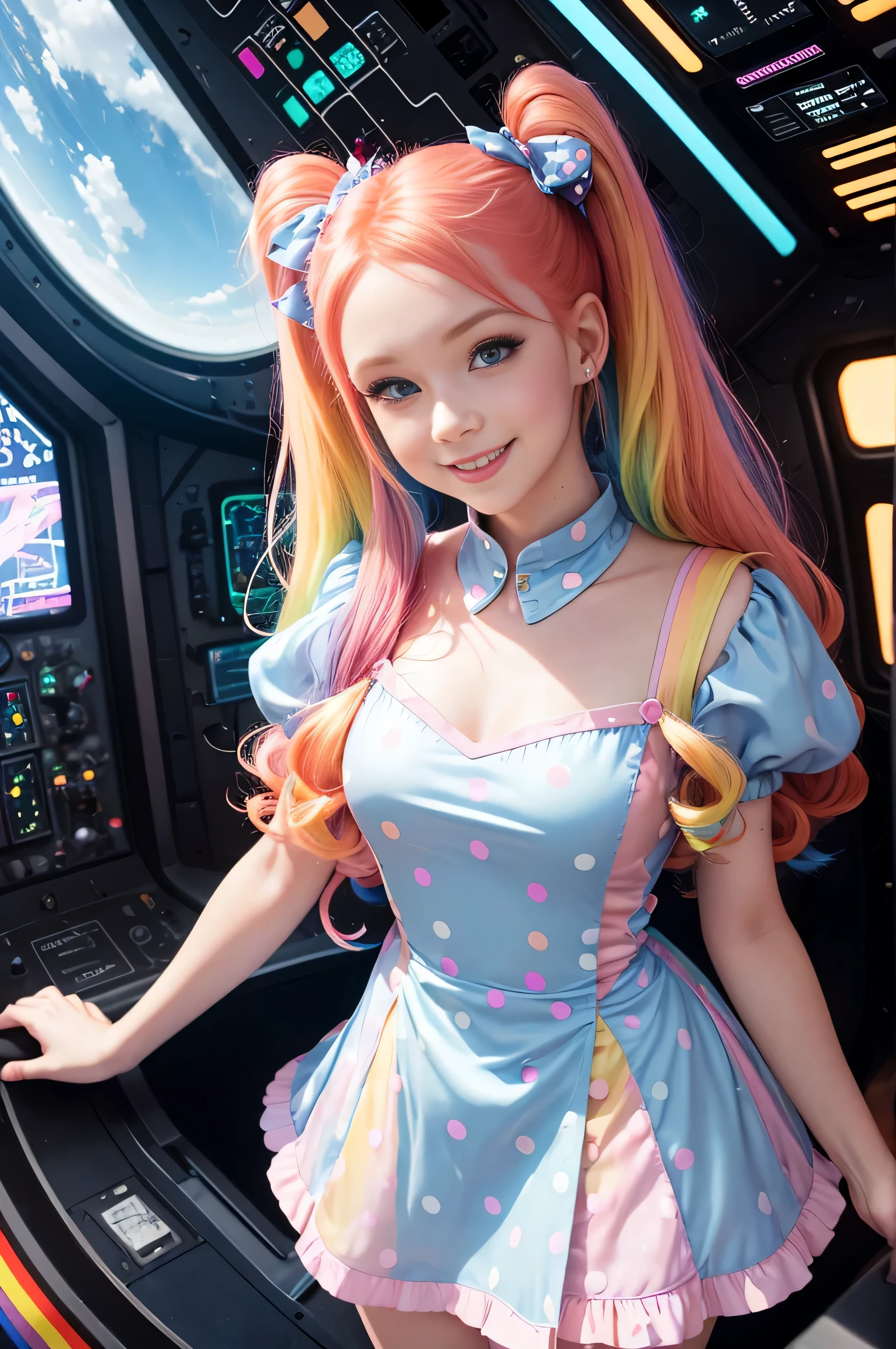 (overhead view) Cute redhead with rainbow colored hair tips, ribbons in her hair, 18-year-old woman, happy, smiling, in twin tails, perfect eyes, clear sparkling blue eyes, pale skin, silky smooth skin, flying a fancy metal luxurious space ship, futuristic cockpit, she's a pilot, outer space seen in windows, dark warm lighting, wearing a futuristic dress, pleated (chemise) mini dress (pastel rainbow colors, and polka dots), puffy sleeves, silk, pantyhose, cute short cut booties, boots.