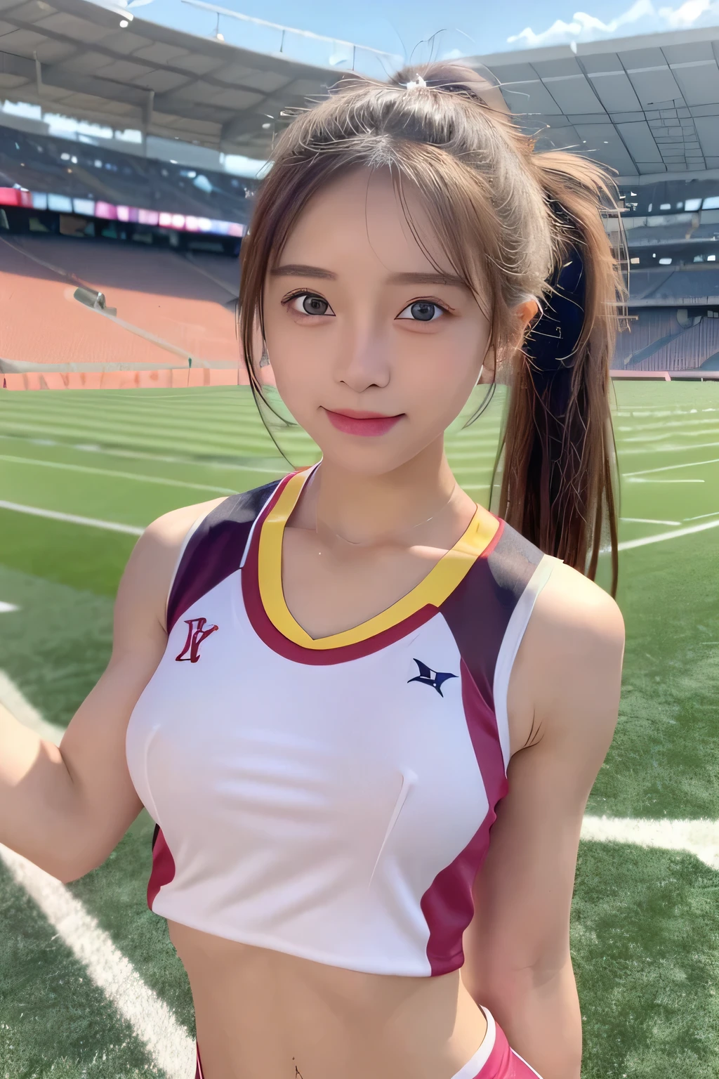 pieces fly、masterpiece、highest quality、Super detailed、High resolution、High resolution、8K portrait、unity 8k wallpaper、Detailed CG、unity 8k wallpaper、Detailed CGユニティ8kの壁紙、realistic、real person、portrait photography、shiny skin、()、(cute:1.4)、High resolution、beautiful clear eyes、very detailed explanation、delicate face、nice lips、thin waist、thin legs、1 girl、(athletics stadium:1.4)、(colorful sleeveless track and field uniform:1.4)、(big breasts:1.3)、(Swelling of the nipples:1.3)、(smile)、(abs:1.3)、(ponytail)