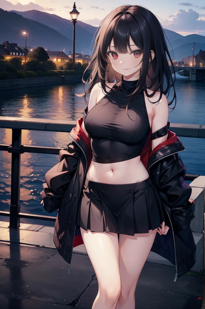 (masterpiece), (best quality), (4k resolution), (anatomy; perfect), , 1  girl, fair skin, red eyes, black hair), detailed eyes, perfect face, (locks, bangs), loose hair, (light effects in hair), eyebrow, nose, ear, tight mouth, smiling, sweatshirt OFF SHOULDER TOP, short skirt, tightig chest), (perfect belly), (perfect waist), Beautiful and perfect legs, standing, background scenery, in the park, new year, beautiful night, night lighting, looking at viewer shy, beautiful artstyle, Open front))), (((Navel )))