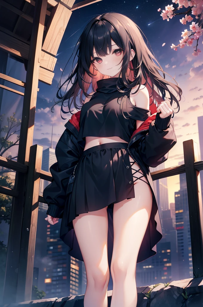 (masterpiece), (best quality), (4k resolution), (anatomy; perfect), , 1 girl, fair skin, red eyes, black hair), detailed eyes, perfect face, (locks, bangs), loose hair, (light effects in hair), eyebrow, nose, ear, tight mouth, smiling, sweatshirt OFF SHOULDER TOP, short skirt, tightig chest), (perfect belly), (perfect waist), Beautiful and perfect legs, standing, background scenery, in the park, new year, beautiful night, night lighting, looking at viewer shy