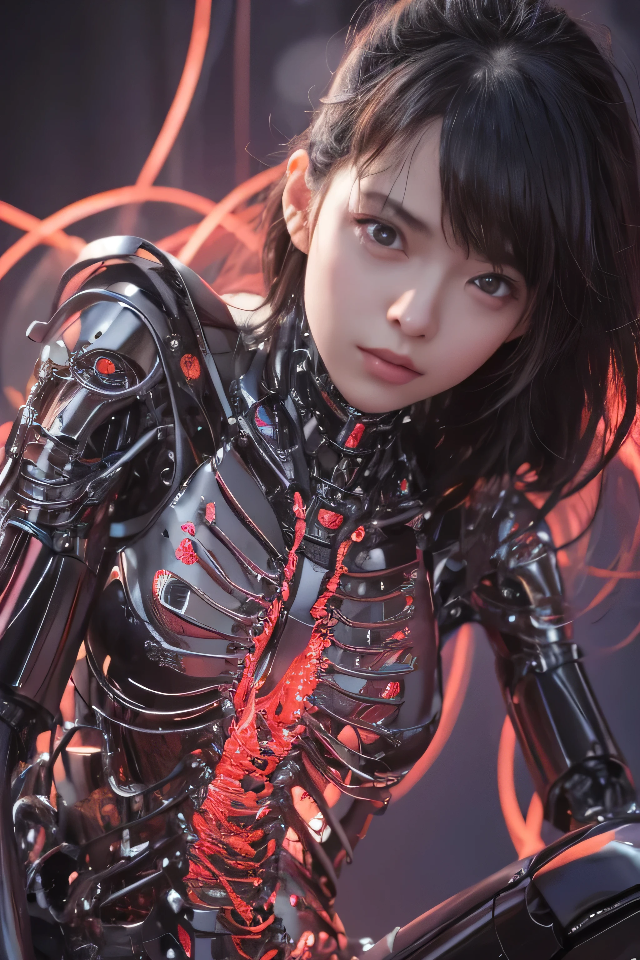 Top Quality, Masterpiece, Ultra High Resolution, (Photorealistic: 1.4), Raw Photo, 1 Girl, Black Hair, Glossy Skin, 1 Mechanical Girl, (Ultra Realistic Details)), Portrait, Global Illumination, Shadows, Octane Rendering, 8K, Ultra Sharp, Big, Cleavage Exposed Raw Skin, Metal, Intricate Ornament Details, Egyptian Details, Very intricate details, realistic light, CGSoation trend, purple eyes, glowing eyes, facing the camera, neon details, mechanical limbs, blood vessels connected to the tube, mechanical vertebrae attached to the back, mechanical cervical attachment to the neck, sitting, wires and cables connecting to the head, evangelion, small LED lamp,