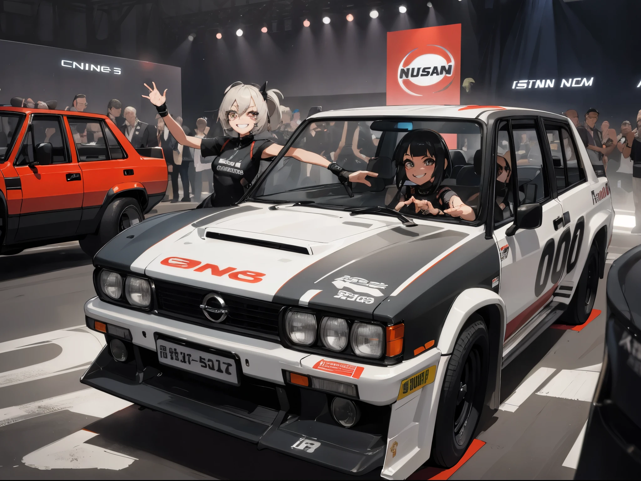 At a motor show, a Nissan R30 WAGON with a matte black body color attracts a lot of attention. The car has been customized for off-road rally racing and has various parts and stickers on it. A girl with a grin and beautiful eyelashes is the race queen of the car. She is wearing a short dress and high heels with the car's sponsor's name on them. She smiles and waves at the crowd, holding a microphone in her hand.