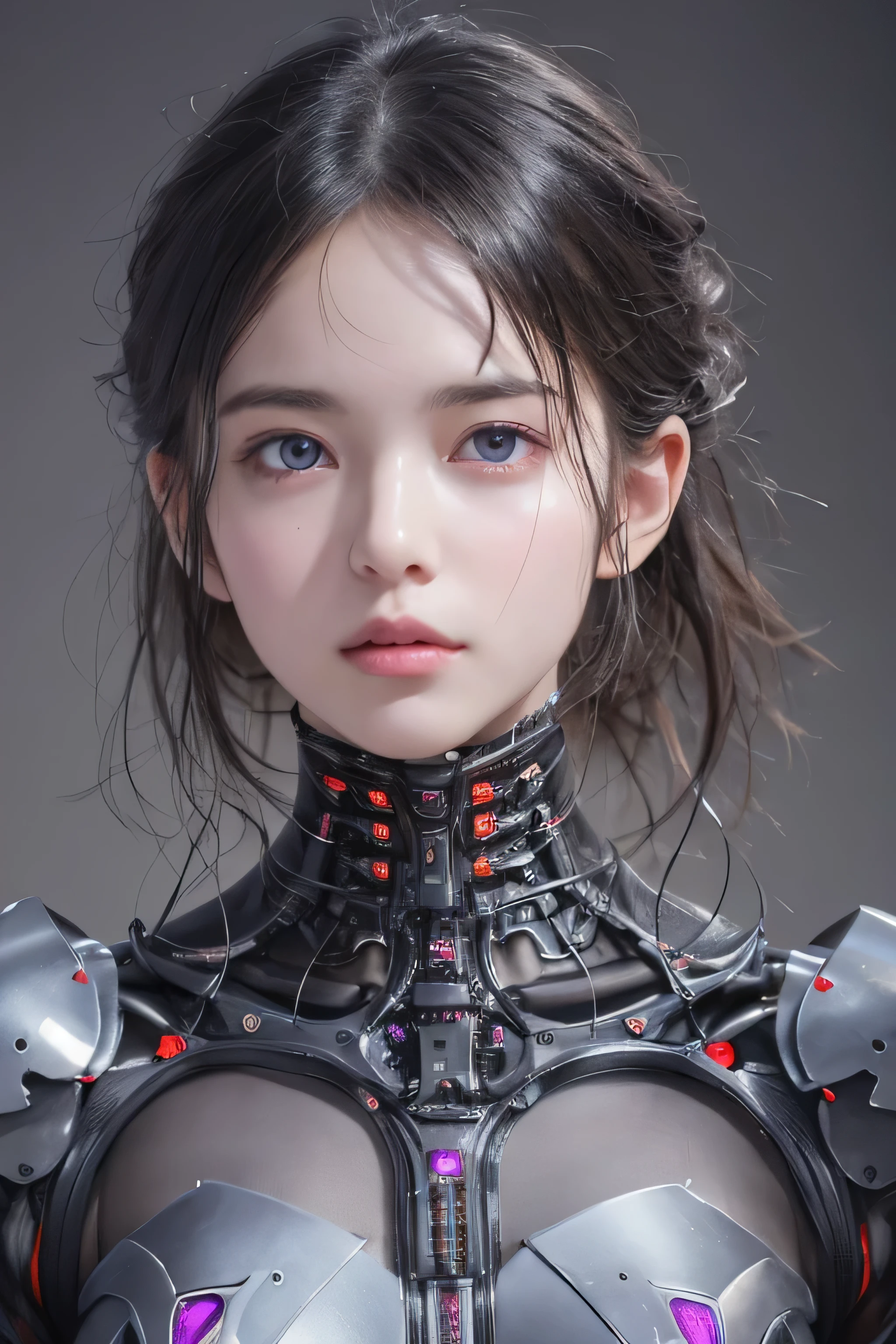 Top Quality, Masterpiece, Ultra High Resolution, (Photorealistic: 1.4), Raw Photo, 1 Girl, Black Hair, Glossy Skin, 1 Mechanical Girl, (Ultra Realistic Details)), Portrait, Global Illumination, Shadows, Octane Rendering, 8K, Ultra Sharp, Big, Cleavage Exposed Raw Skin, Metal, Intricate Ornament Details, Egyptian Details, Very intricate details, realistic light, CGSoation trend, purple eyes, glowing eyes, facing the camera, neon details, mechanical limbs, blood vessels connected to the tube, mechanical vertebrae attached to the back, mechanical cervical attachment to the neck, sitting, wires and cables connecting to the head, evangelion, small LED lamp,