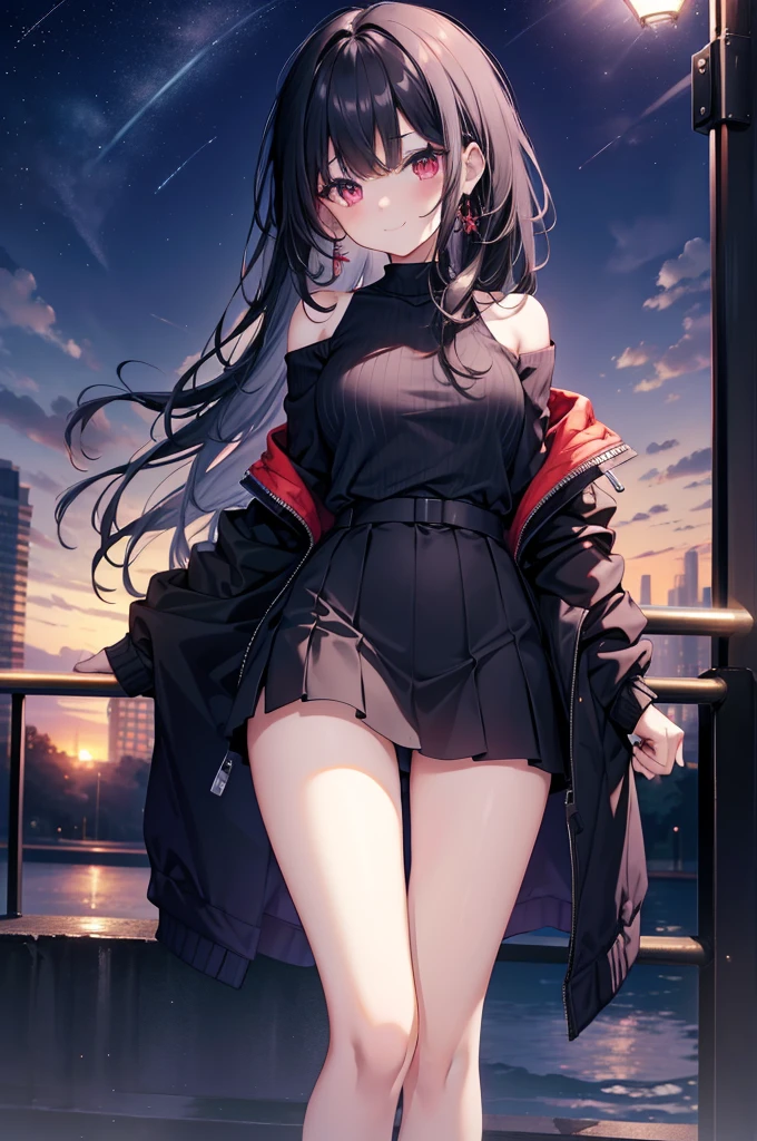 (masterpiece), (best quality), (4k resolution), (anatomy; perfect), young, 1  girl, fair skin, red eyes, black hair), detailed eyes, perfect face, (locks, bangs), loose hair, (light effects in hair), eyebrow, nose, ear, tight mouth, smiling, sweatshirt OFF SHOULDER TOP, short skirt, tightig chest), (perfect belly), (perfect waist), Beautiful and perfect legs, standing, background scenery, in the park, new year, beautiful night, night lighting, looking at viewer shy
