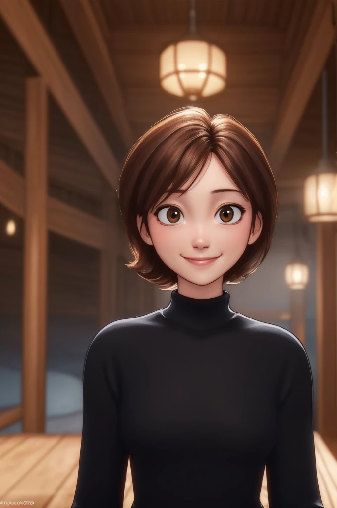 helen parr, masterpiece, best quality, solo, brown hair, brown eyes, turtleneck, sweater, smile, short hair, turtleneck sweater, black sweater, 1girl, upper body, closed mouth, indoors, portrait, black sweater, 