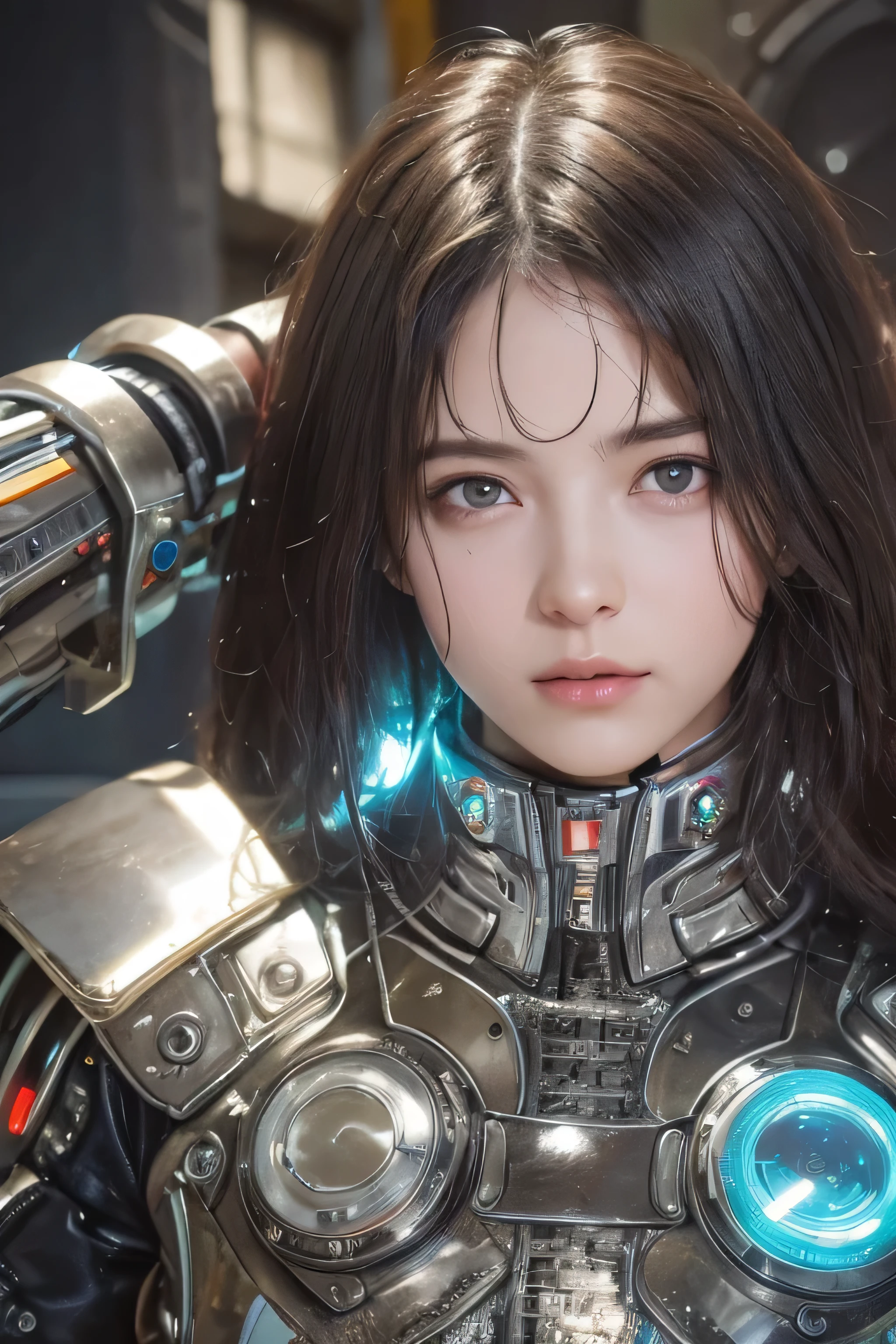highest quality、masterpiece、ultra high resolution、(photorealistic: 1.4)、Demolition and repair、1 girl、black hair、Shiny skin、機械1 girl、(Super realistic details))、Portrait、global illumination、shadow、octane rendering、8K、super sharp、big、Cleavage exposed raw skin、Metal、intricate decorative details、egypt details、very intricate details、realistic light、CGSoation Trend、purple eyes、shining eyes、facing the camera、neon details、mechanical limbs、tube connected to blood vessel、mechanical spine attached to the back、Mechanical cervical vertebrae attached to the neck、((Sleeping on a bed)、Wires and cables connected to the head、Evangelion、Small LED Lamp、