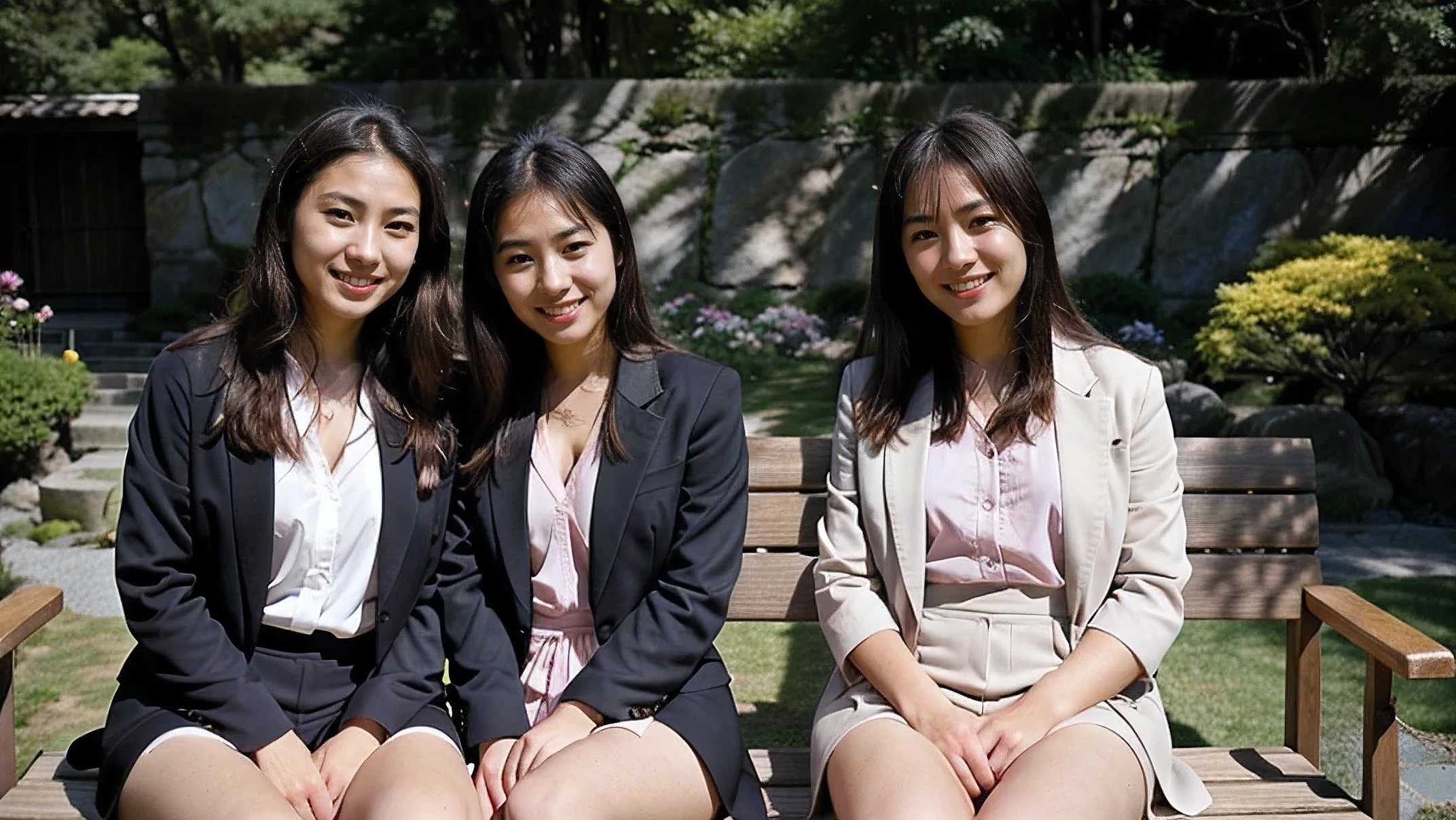 Photorealistic, Best Quality, Hyper Detailed, 2 women in suits, A Japanese middle-aged woman sitting on a rock bench, wearing a dark suit, A Japanese girl sitting beside her in pink suit, happy expressions , open garden (sunlight), mountainscape, (Outstanding smile、A dark-haire、Calm, Kind expression , Happy), Wood, plain lawn, Fog, SunRays , sun rays ,crystal clear skies, analog style, Looking at Viewer, Skin Texture, Film grain, , 超A high resolution, Best Shadow, raw, Instagram LUT