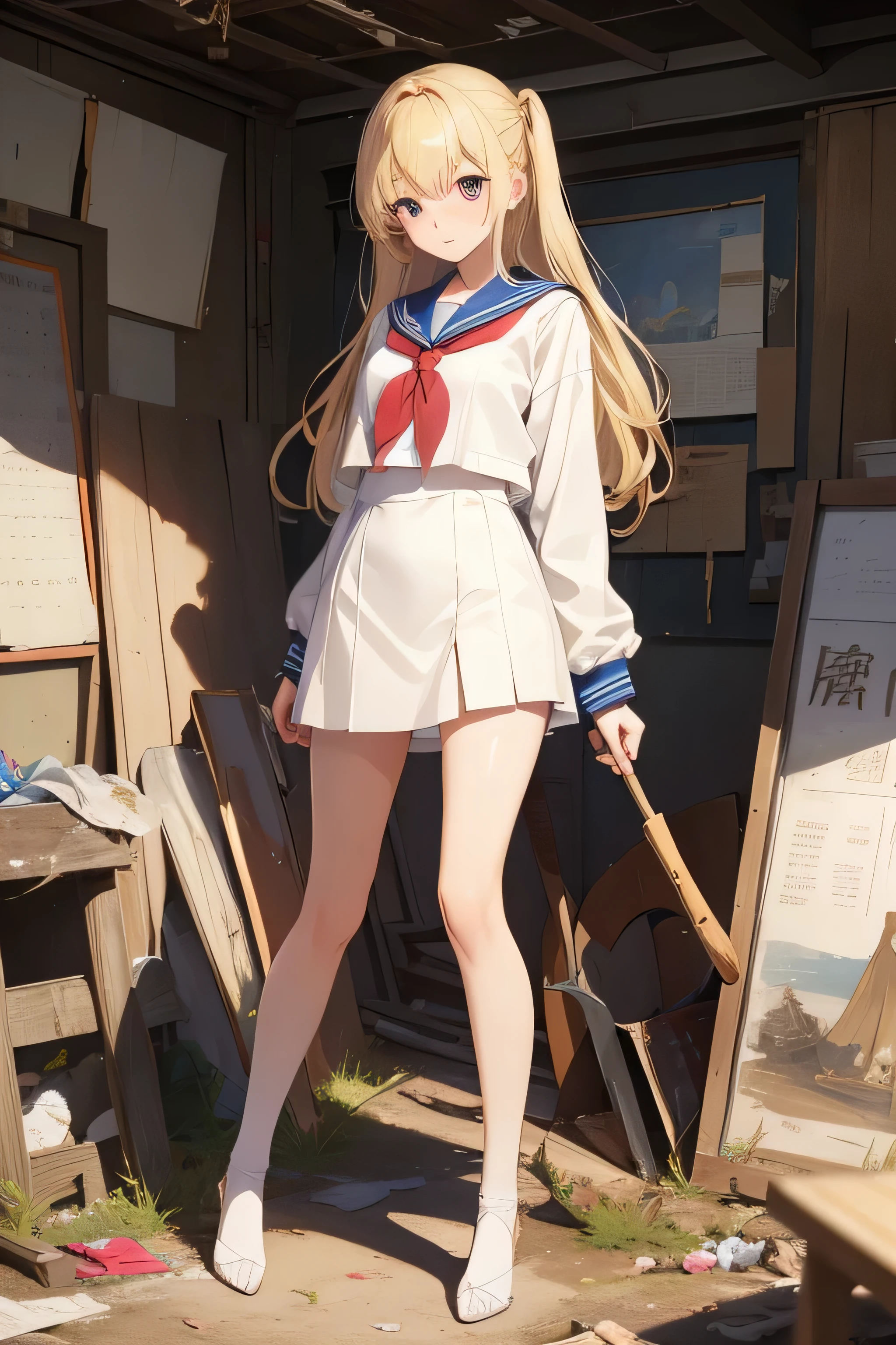 highest quality、masterpiece、closed，[[Inside a destroyed classroom]]Garbage all over the ground，dirty，Sexy Standing Pose，very beautiful slim legs，blonde、sailor suit、Exhibitionist，